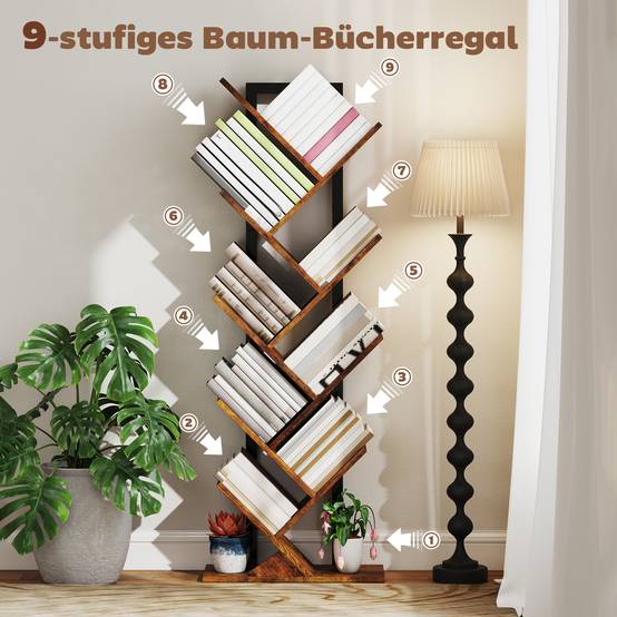 Étagère à livres, étagère autoportante à 9 niveaux, étroite, en forme d'arbre, idéale pour le bureau, couleur marron rustique - Image 6