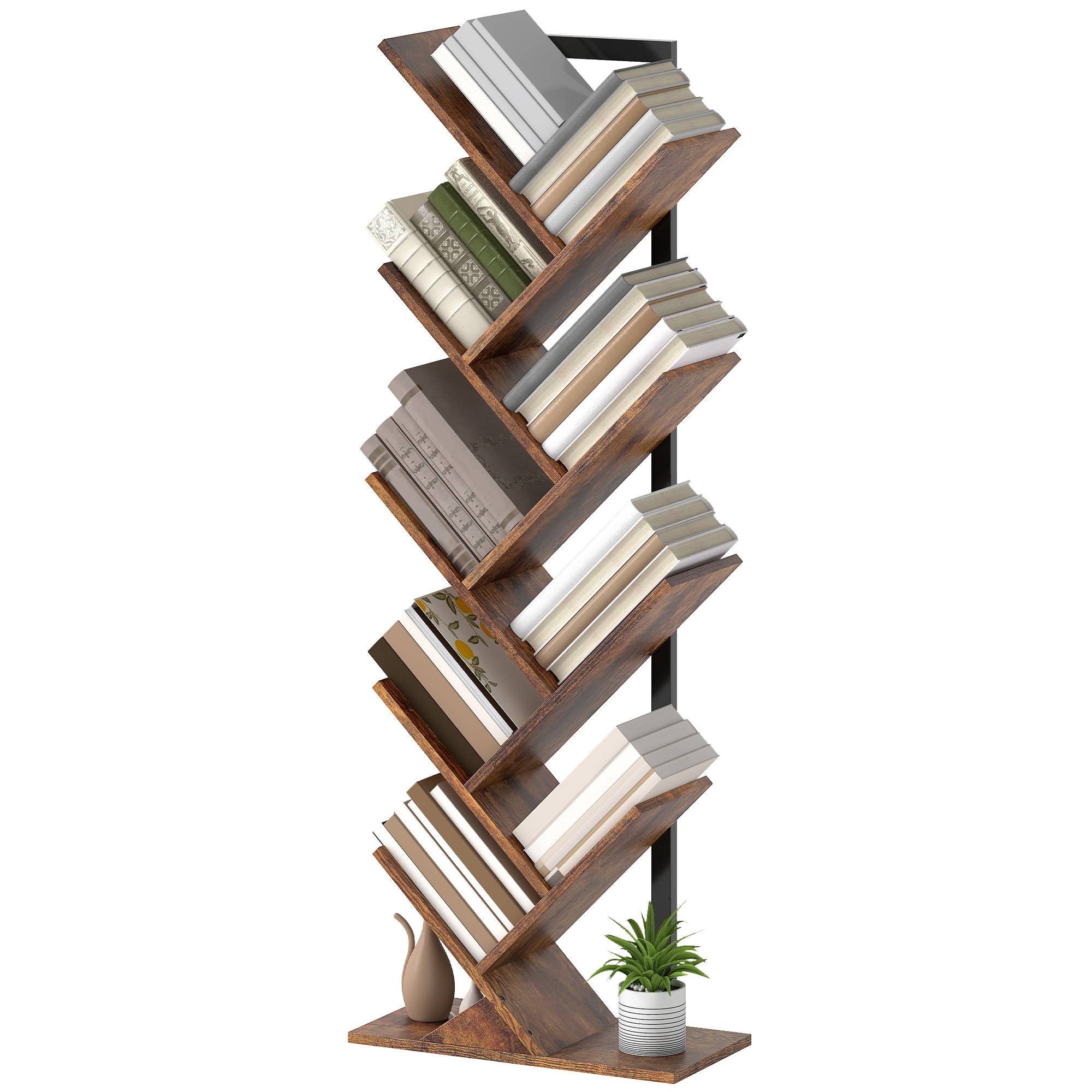 Étagère à livres, étagère autoportante à 9 niveaux, étroite, en forme d'arbre, idéale pour le bureau, couleur marron rustique - Image 2