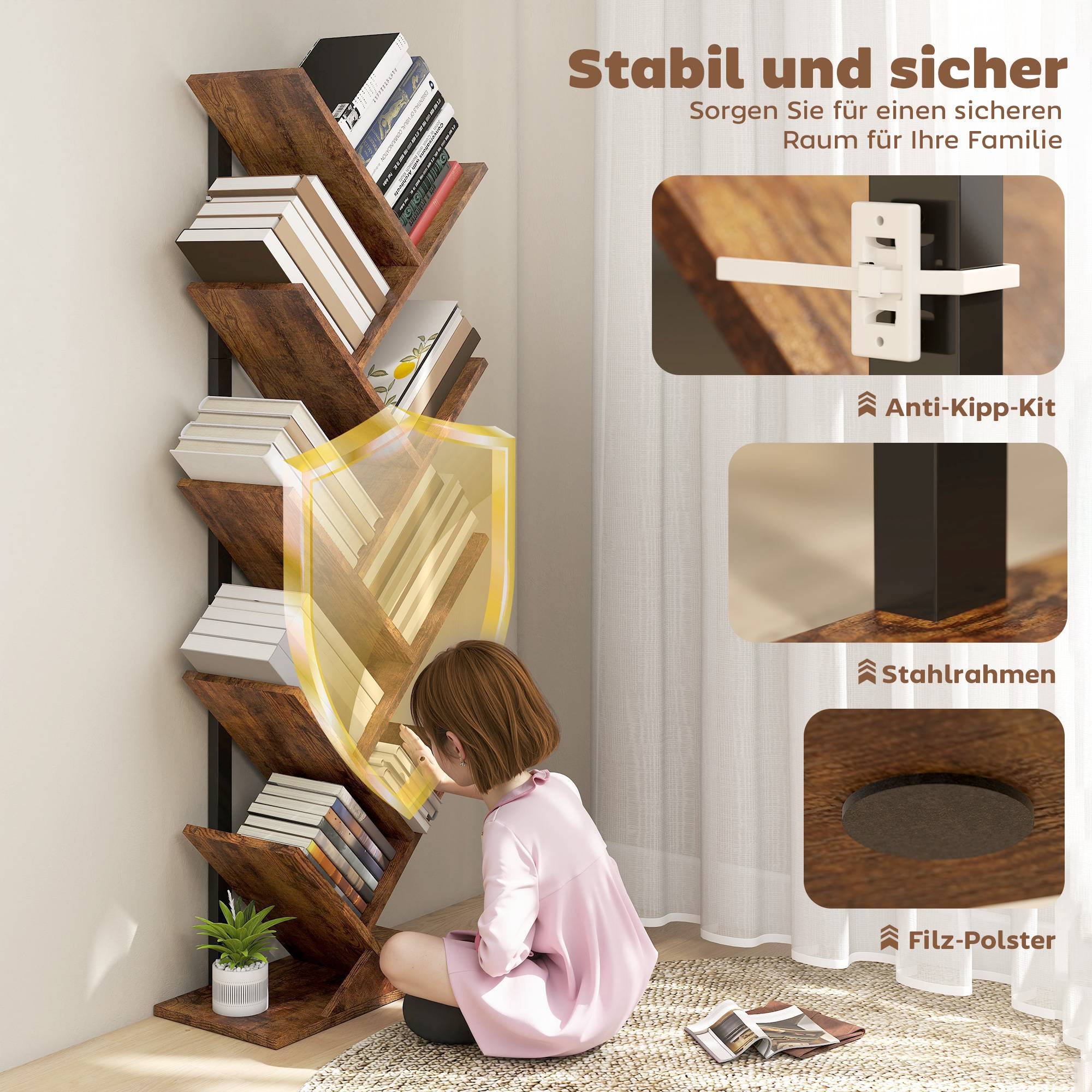 Étagère à livres, étagère autoportante à 9 niveaux, étroite, en forme d'arbre, idéale pour le bureau, couleur marron rustique - Image 7