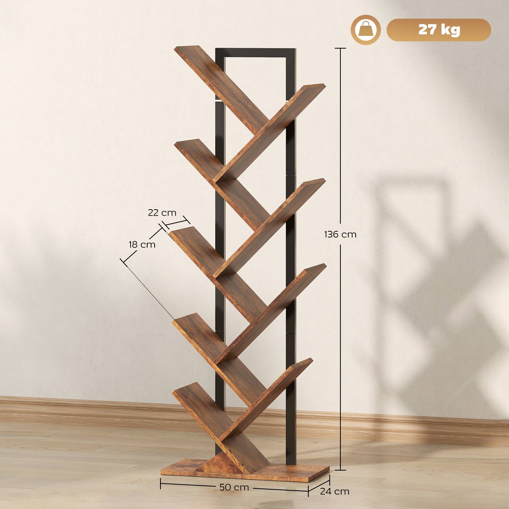 Étagère à livres, étagère autoportante à 9 niveaux, étroite, en forme d'arbre, idéale pour le bureau, couleur marron rustique - Image 5