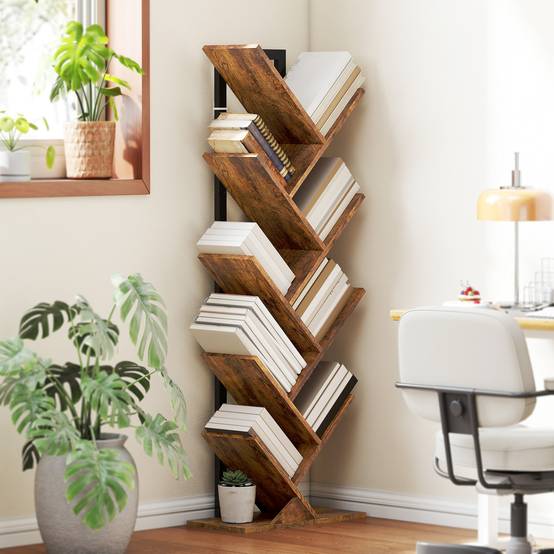 Étagère à livres, étagère autoportante à 9 niveaux, étroite, en forme d'arbre, idéale pour le bureau, couleur marron rustique - Image 3
