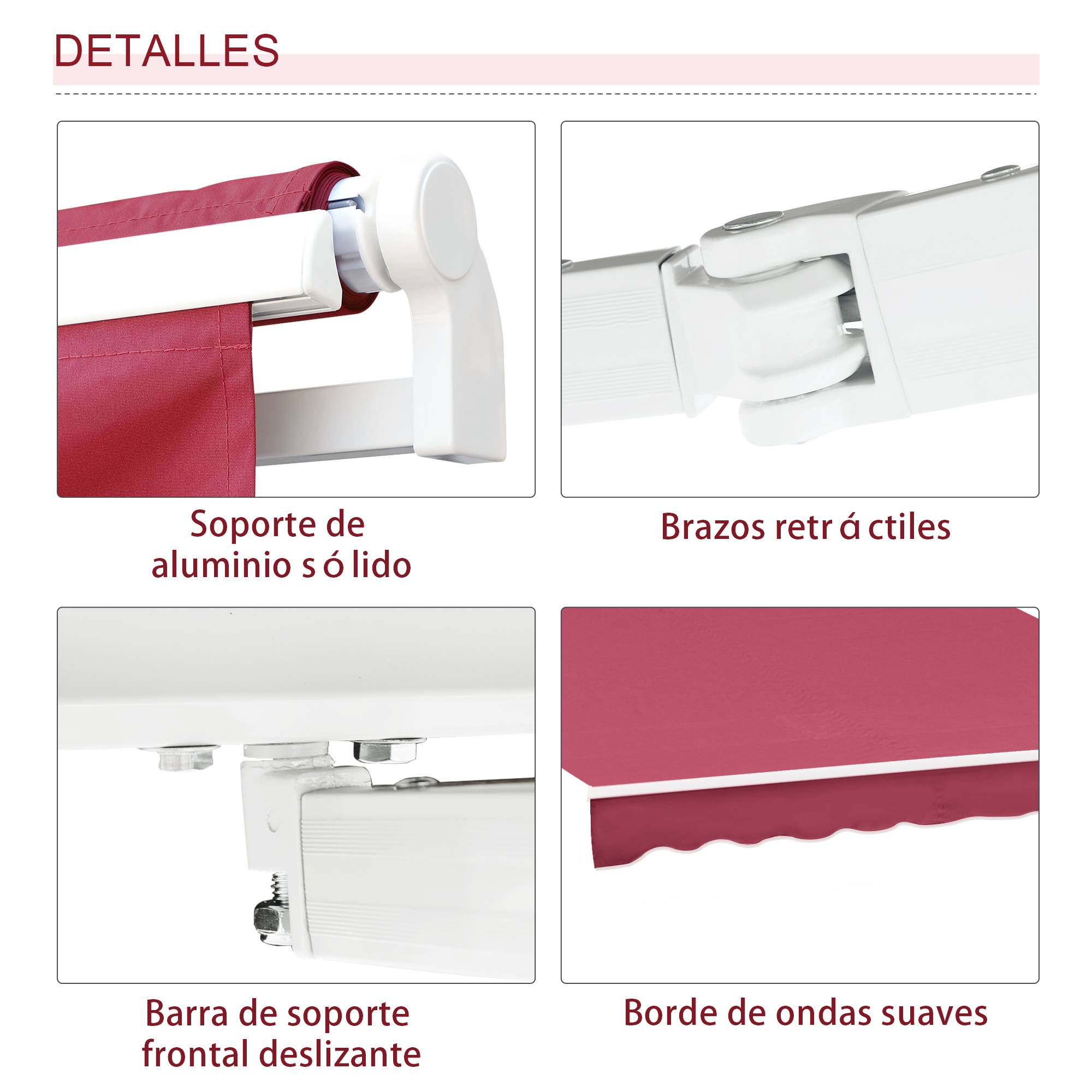 Store banne manuel 395 x 245 cm avec manivelle, pour balcon, terrasse ou patio, en aluminium et toile polyester 280 g/m², anti-UV, rouge. - Image 8