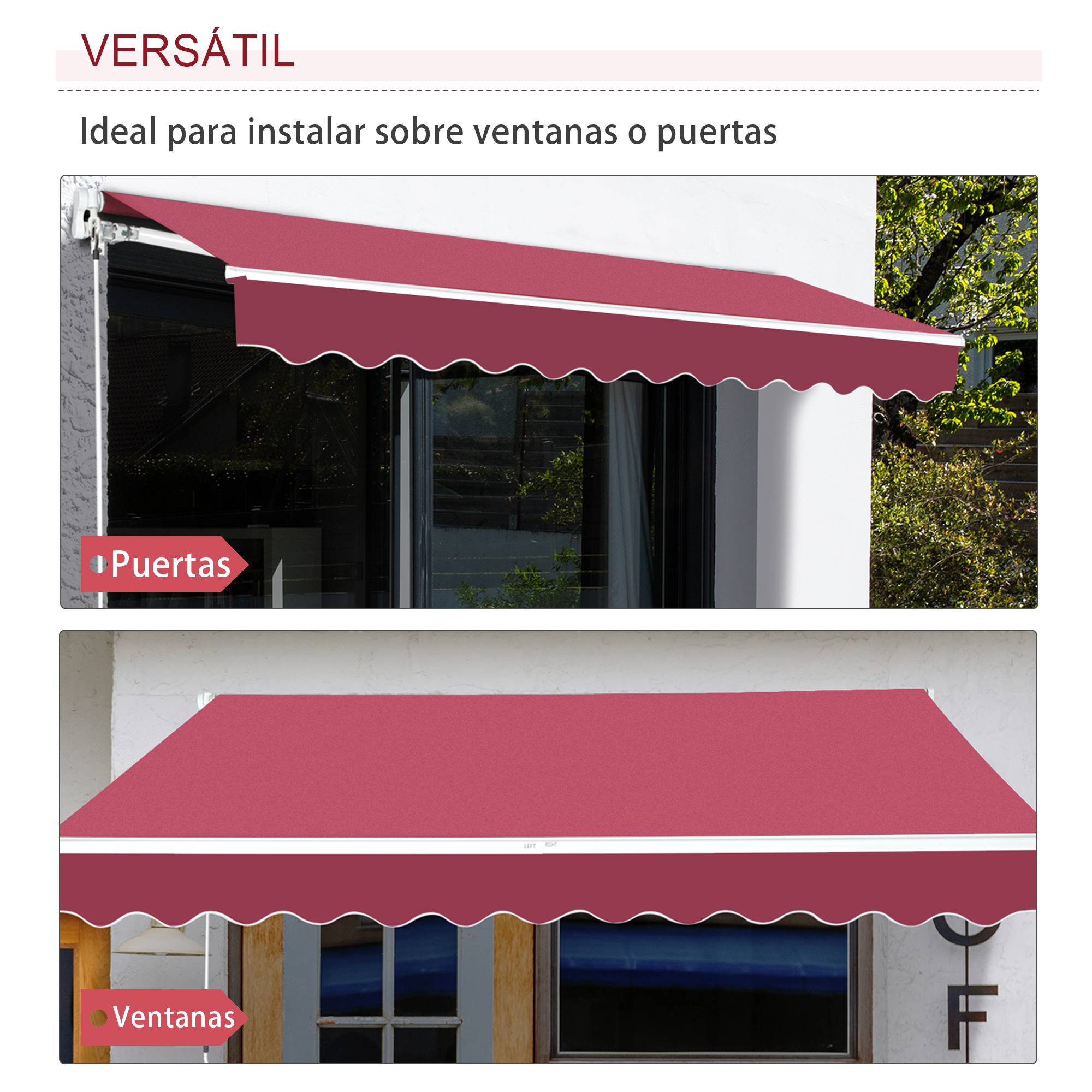 Store banne manuel 395 x 245 cm avec manivelle, pour balcon, terrasse ou patio, en aluminium et toile polyester 280 g/m², anti-UV, rouge. - Image 7