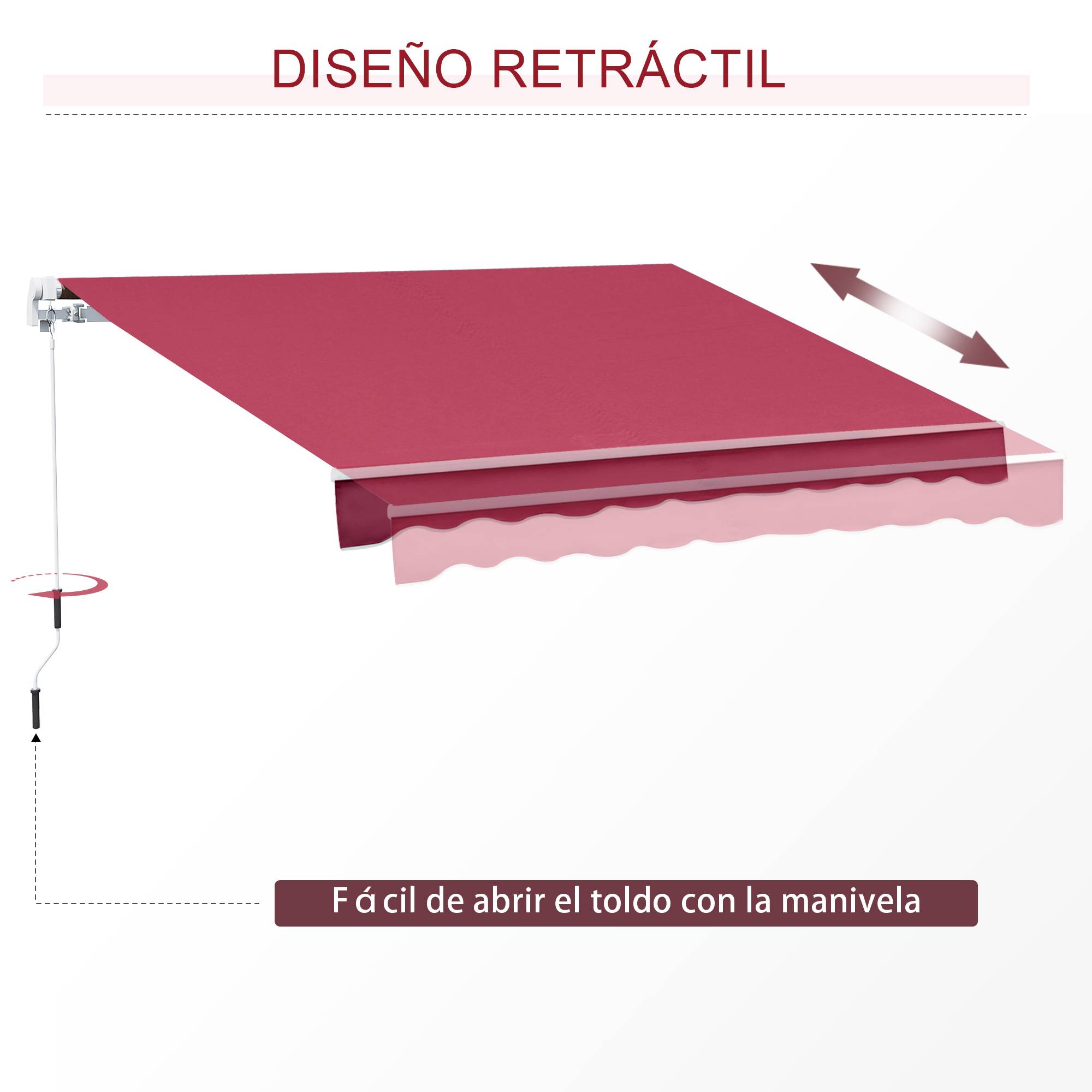 Store banne manuel 395 x 245 cm avec manivelle, pour balcon, terrasse ou patio, en aluminium et toile polyester 280 g/m², anti-UV, rouge. - Image 9