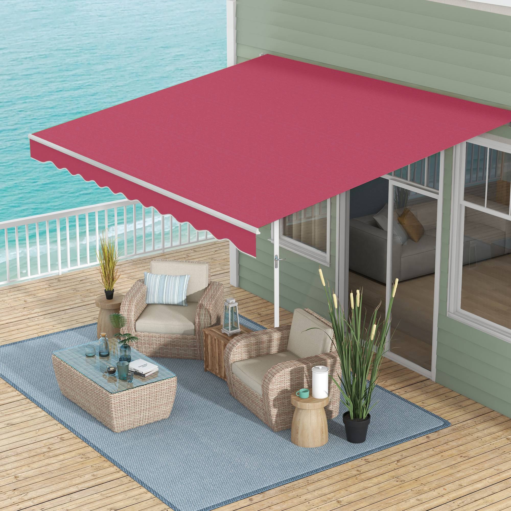 Store banne manuel 395 x 245 cm avec manivelle, pour balcon, terrasse ou patio, en aluminium et toile polyester 280 g/m², anti-UV, rouge. - Image 4