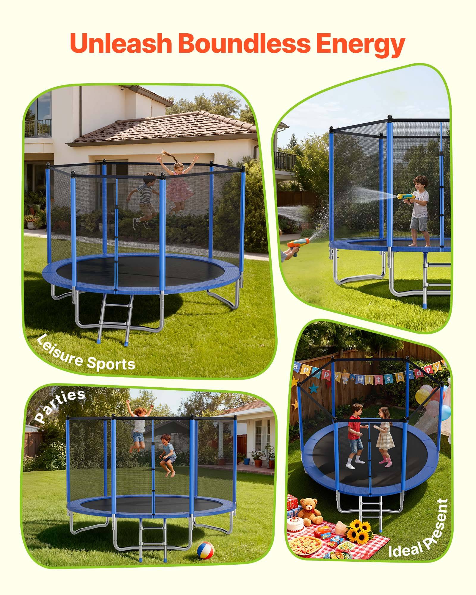 Vevor - VEVOR Trampoline extérieur 305 x 305 cm, rond, cadre acier antirouille, filet de sécurité 360°, certifié ASTM, capacité 150 kg. - Image 6