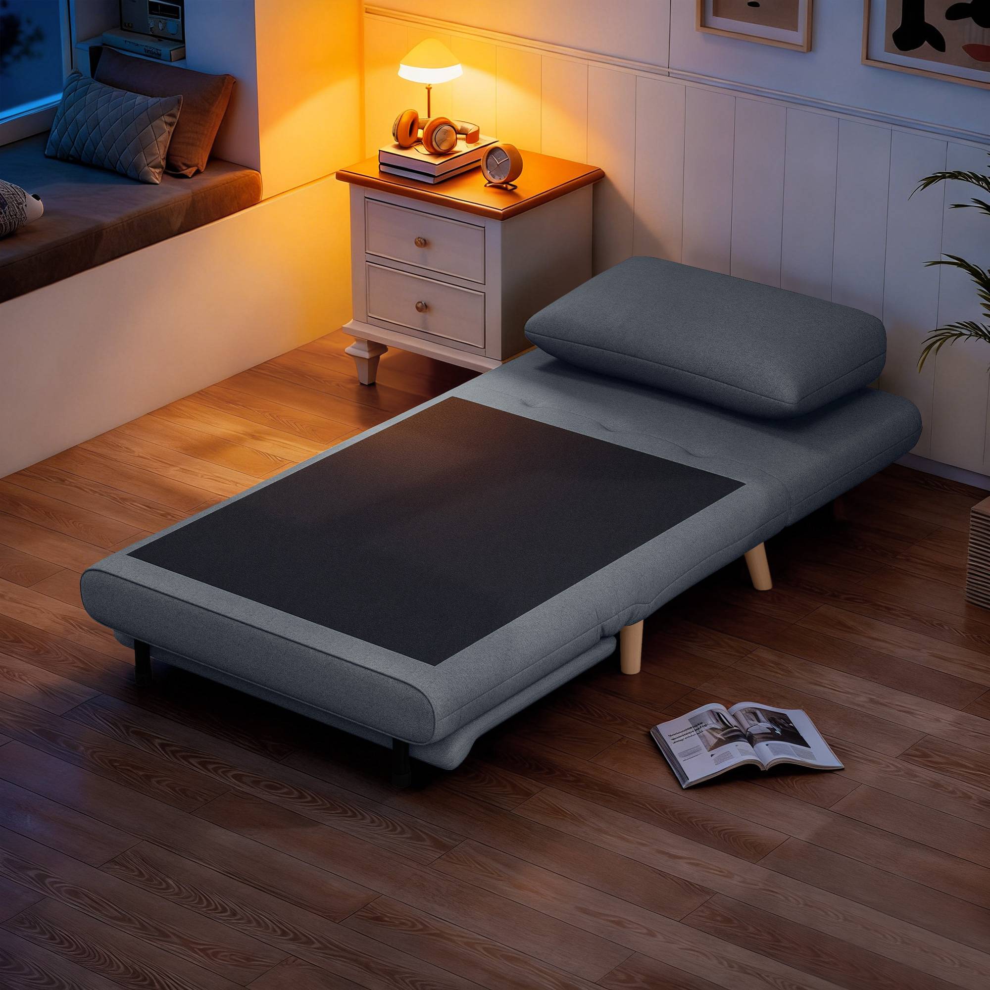 Fauteuil convertible 3 en 1 avec fonction lit, dossier inclinable, pieds en hêtre, coussin, gris - Image 10