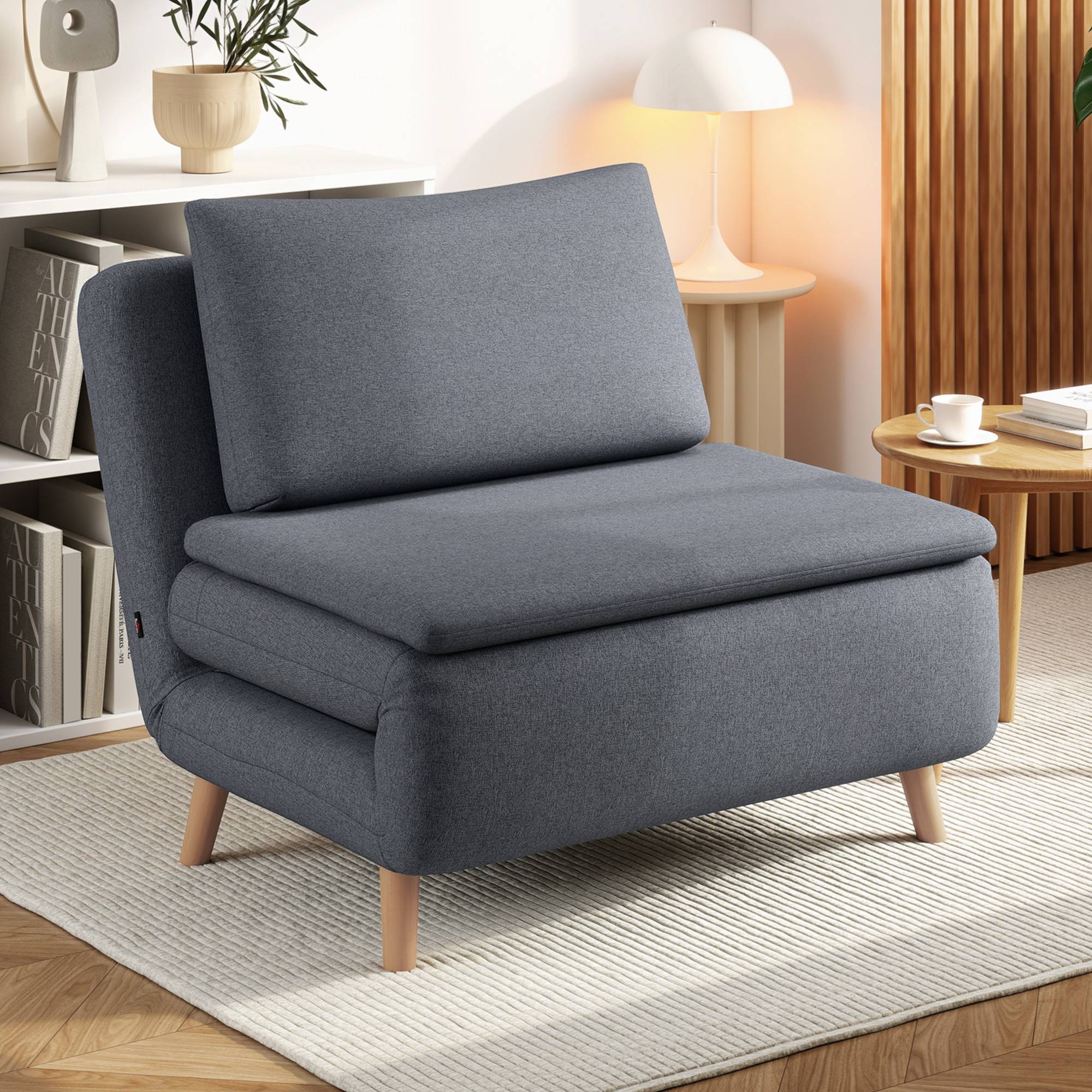 Fauteuil convertible 3 en 1 avec fonction lit, dossier inclinable, pieds en hêtre, coussin, gris - Image 4