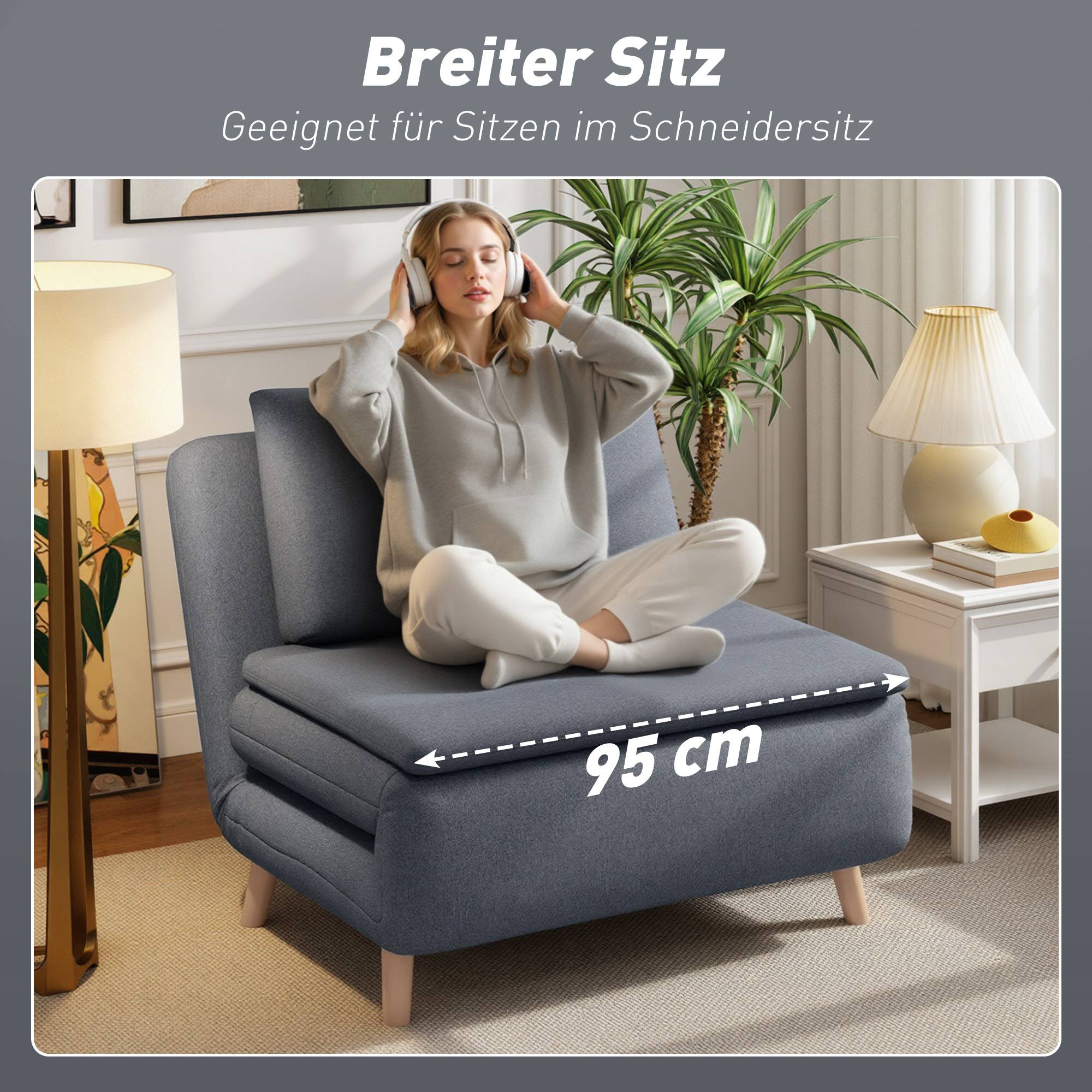 Fauteuil convertible 3 en 1 avec fonction lit, dossier inclinable, pieds en hêtre, coussin, gris - Image 7