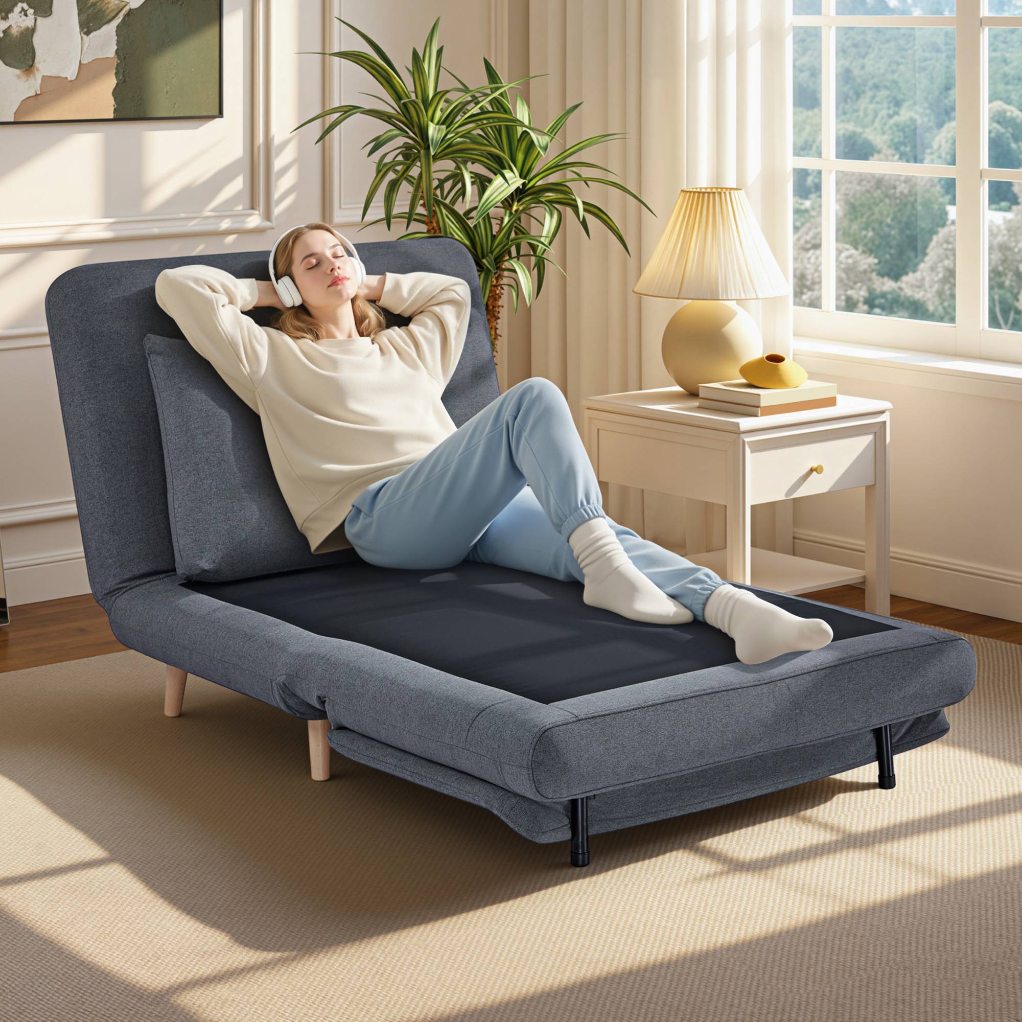 Fauteuil convertible 3 en 1 avec fonction lit, dossier inclinable, pieds en hêtre, coussin, gris - Image 3