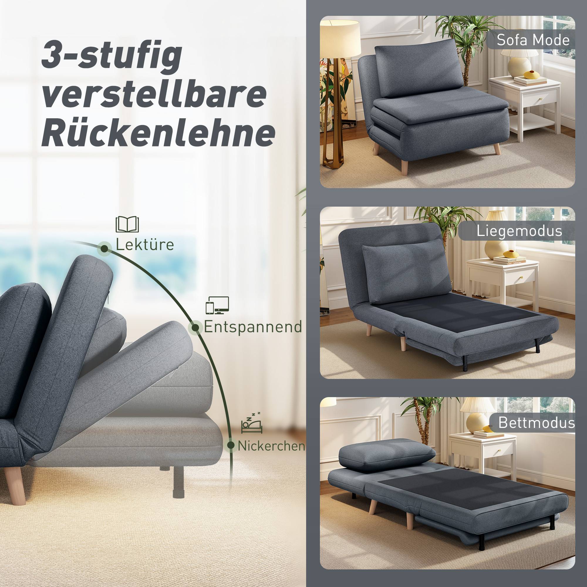 Fauteuil convertible 3 en 1 avec fonction lit, dossier inclinable, pieds en hêtre, coussin, gris - Image 6
