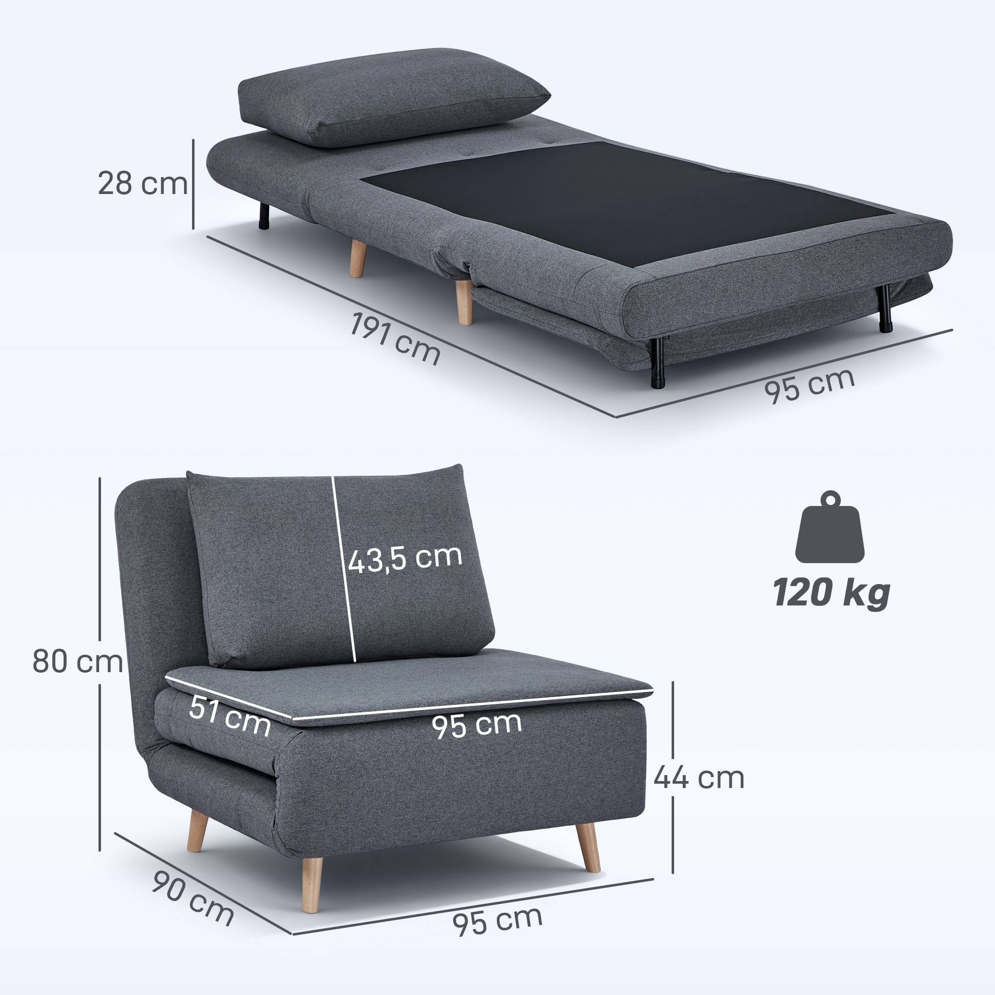Fauteuil convertible 3 en 1 avec fonction lit, dossier inclinable, pieds en hêtre, coussin, gris - Image 5