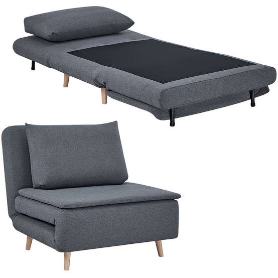 Fauteuil convertible 3 en 1 avec fonction lit, dossier inclinable, pieds en hêtre, coussin, gris - Image 1