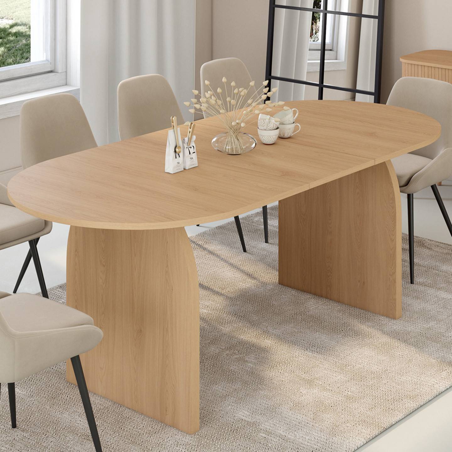 Table à manger extensible japandi ovale EDITH 6-10 personnes en bois façon hêtre 160 - 200 cm - Image 1