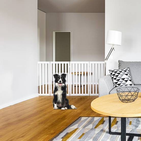 Barrière Autoportante pour Chien 4 Panneaux en Bois Charnières Métalliques à 360° Antidérapants pour Maison Escaliers Blanc - Image 2