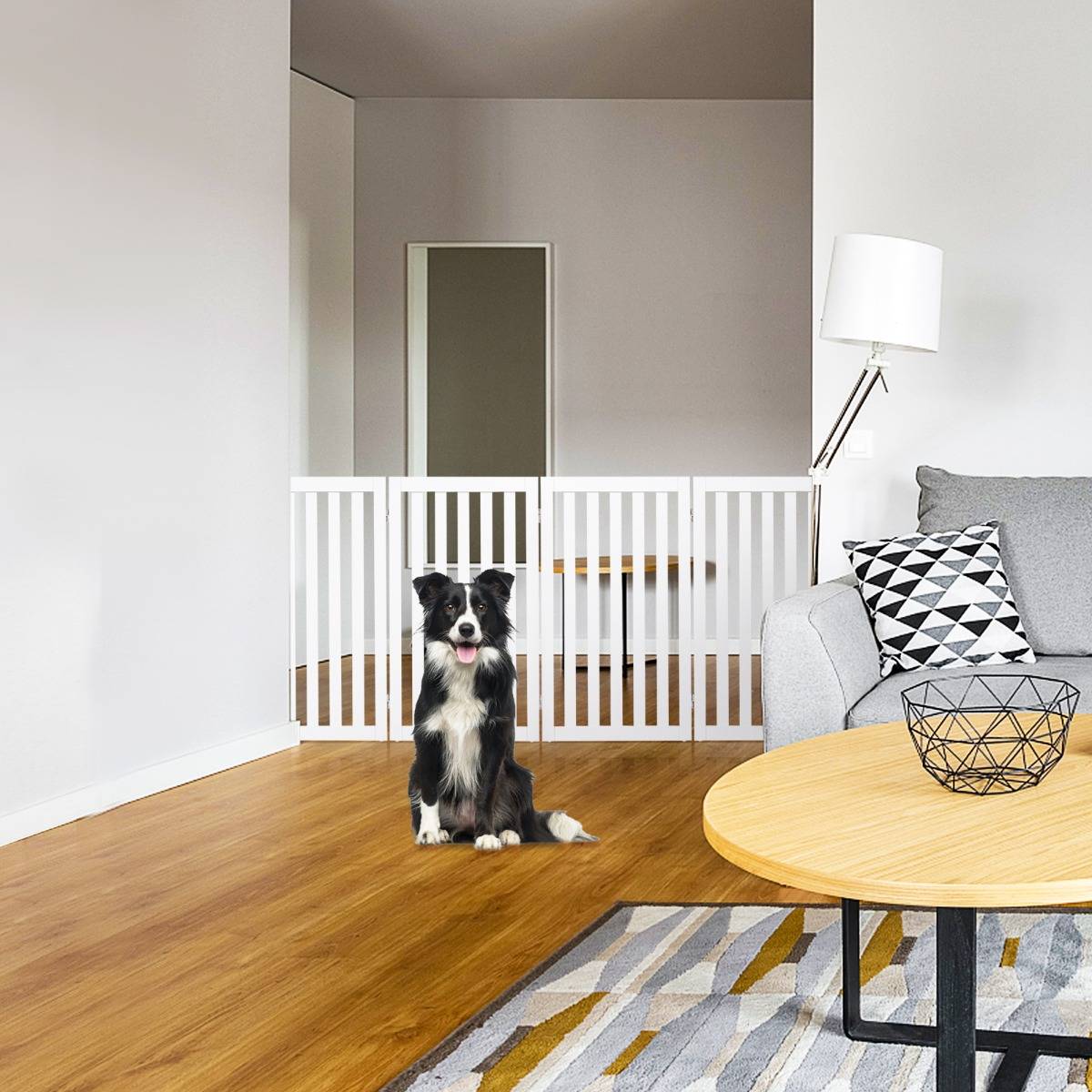 Barrière Autoportante pour Chien 4 Panneaux en Bois Charnières Métalliques à 360° Antidérapants pour Maison Escaliers Blanc - Image 2