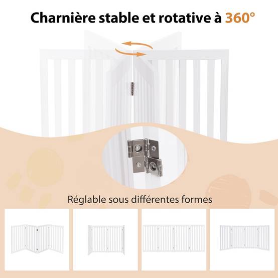 Barrière Autoportante pour Chien 4 Panneaux en Bois Charnières Métalliques à 360° Antidérapants pour Maison Escaliers Blanc - Image 6