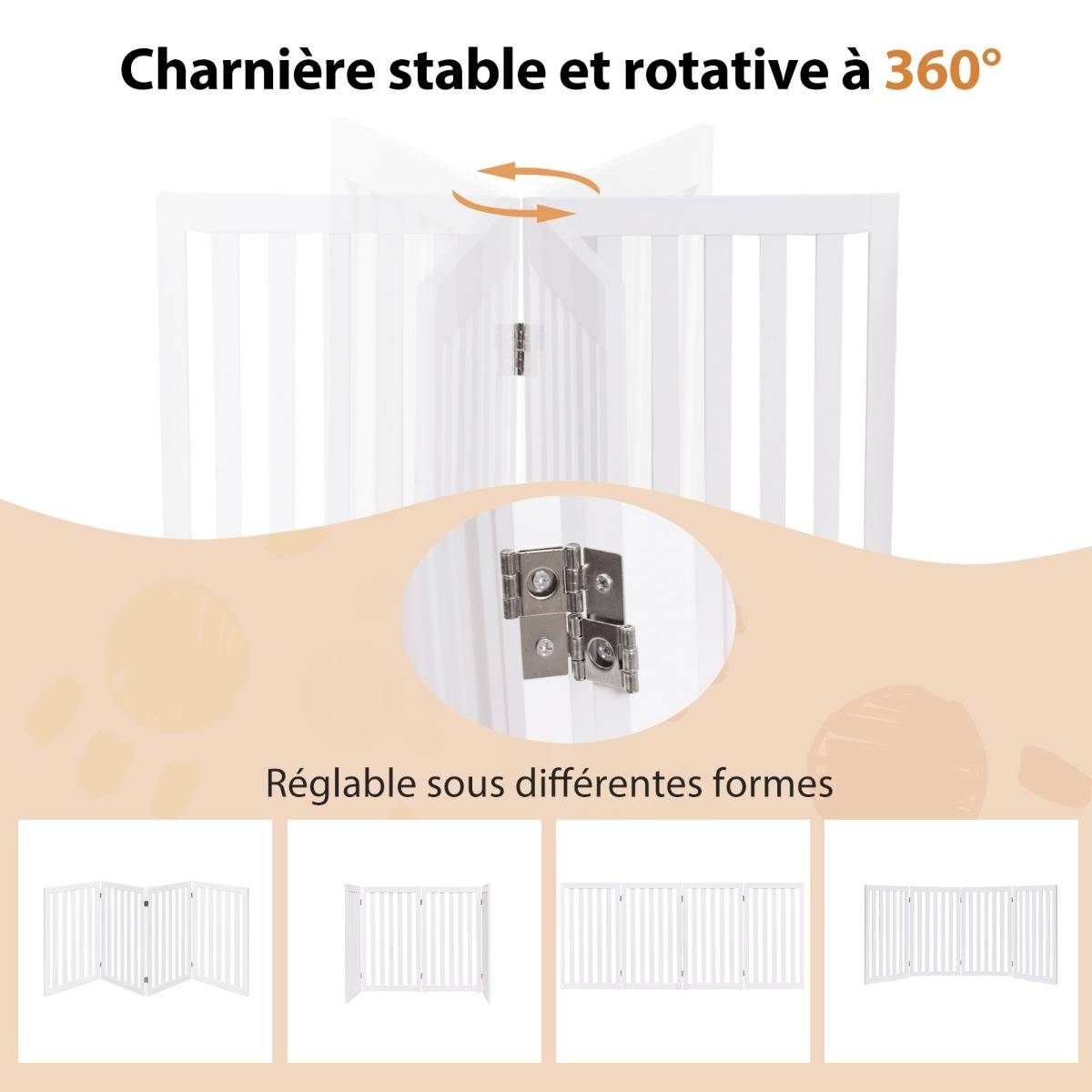 Barrière Autoportante pour Chien 4 Panneaux en Bois Charnières Métalliques à 360° Antidérapants pour Maison Escaliers Blanc - Image 6