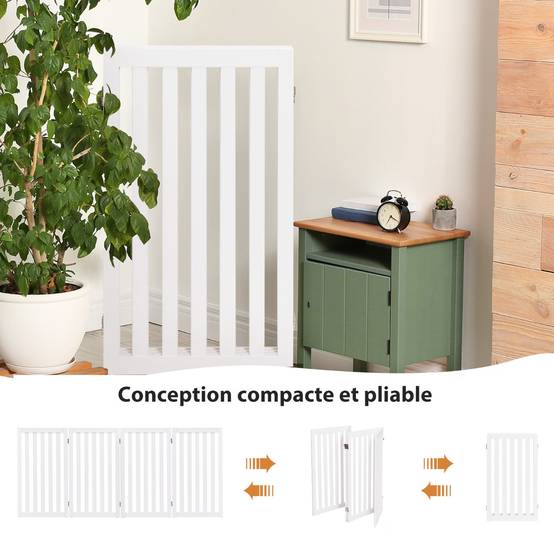 Barrière Autoportante pour Chien 4 Panneaux en Bois Charnières Métalliques à 360° Antidérapants pour Maison Escaliers Blanc - Image 5