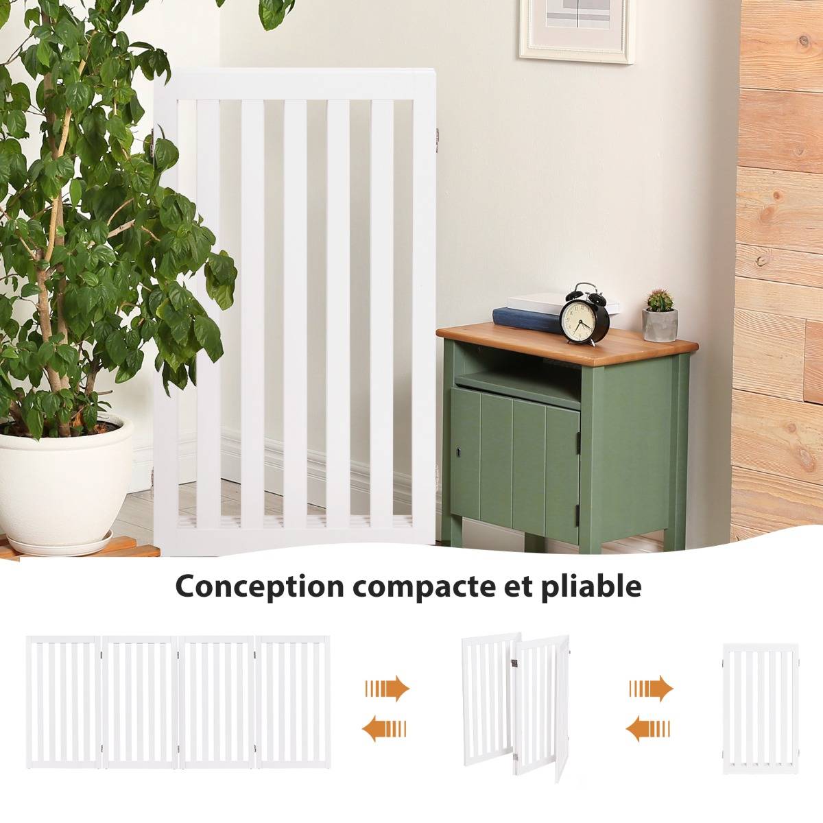 Barrière Autoportante pour Chien 4 Panneaux en Bois Charnières Métalliques à 360° Antidérapants pour Maison Escaliers Blanc - Image 5