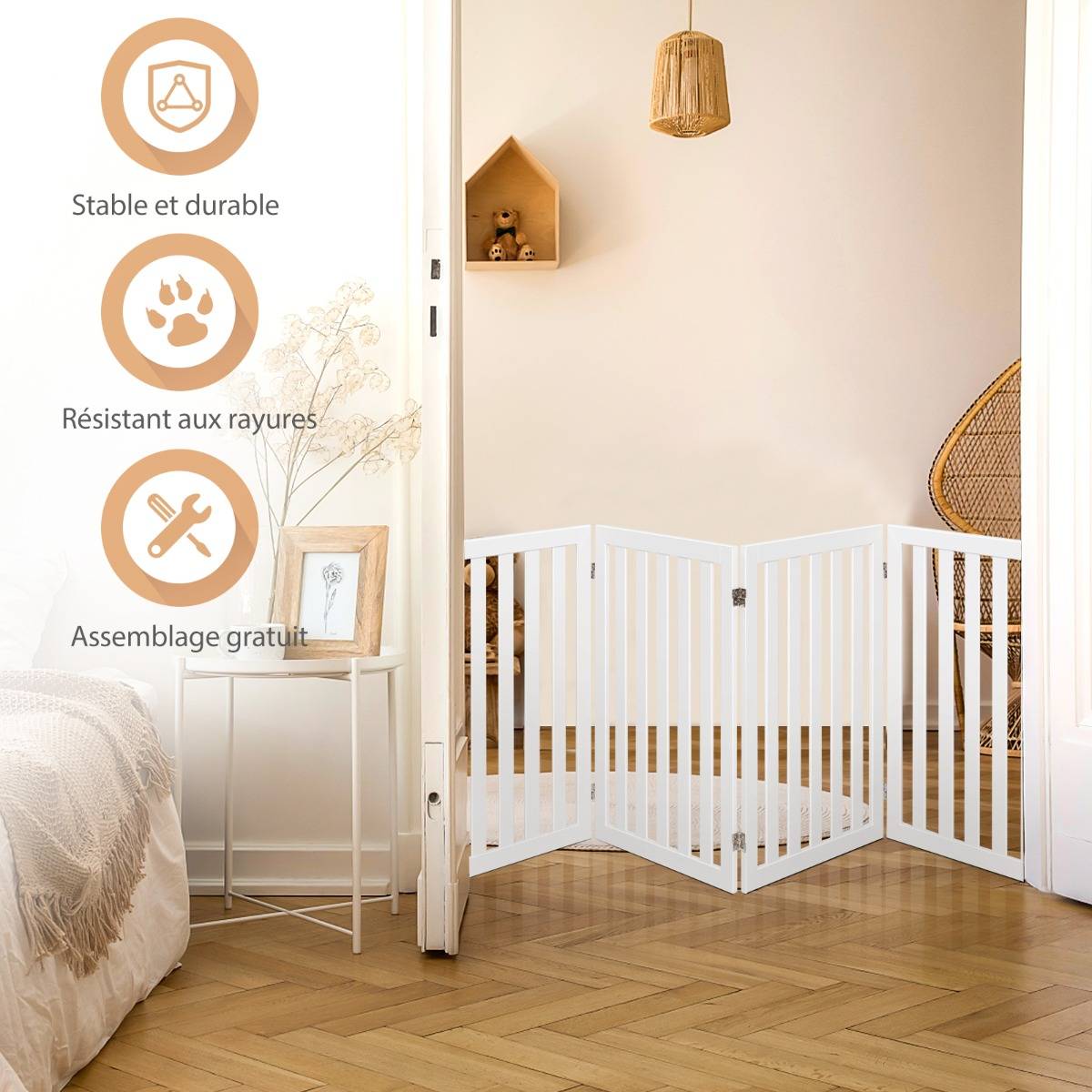 Barrière Autoportante pour Chien 4 Panneaux en Bois Charnières Métalliques à 360° Antidérapants pour Maison Escaliers Blanc - Image 3