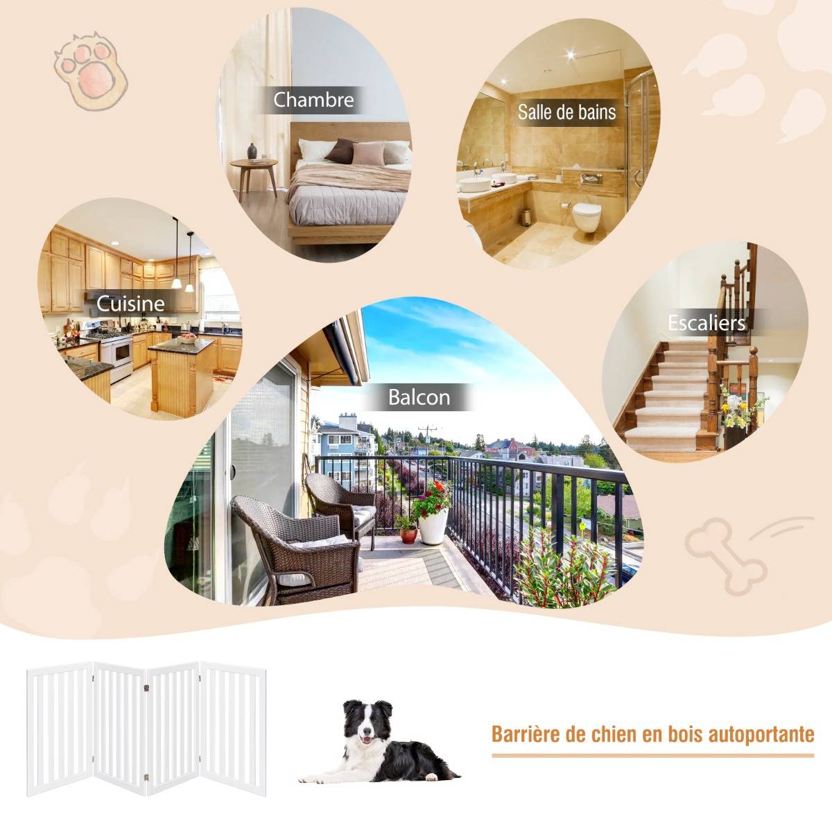 Barrière Autoportante pour Chien 4 Panneaux en Bois Charnières Métalliques à 360° Antidérapants pour Maison Escaliers Blanc - Image 8