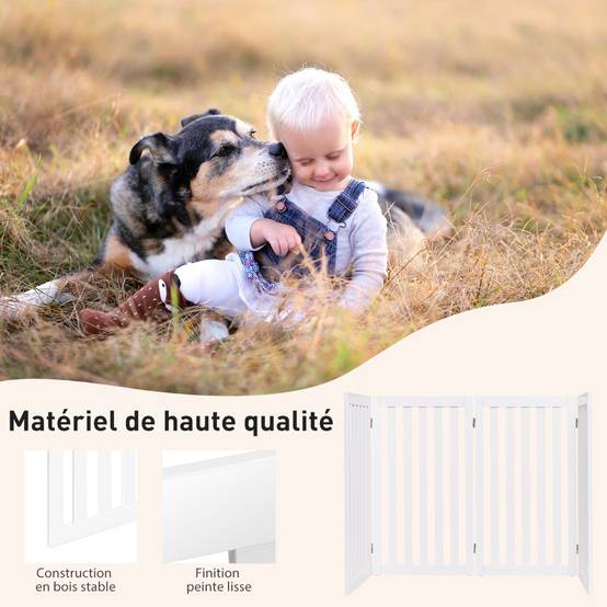 Barrière Autoportante pour Chien 4 Panneaux en Bois Charnières Métalliques à 360° Antidérapants pour Maison Escaliers Blanc - Image 7