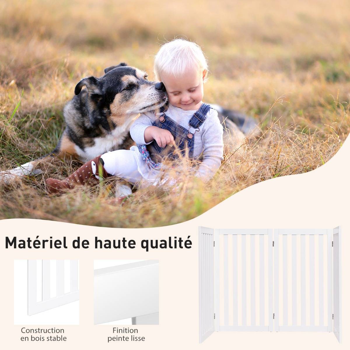 Barrière Autoportante pour Chien 4 Panneaux en Bois Charnières Métalliques à 360° Antidérapants pour Maison Escaliers Blanc - Image 7