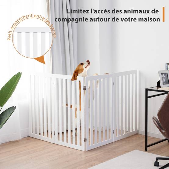 Barrière Autoportante pour Chien 4 Panneaux en Bois Charnières Métalliques à 360° Antidérapants pour Maison Escaliers Blanc - Image 4