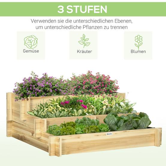 Potager surélevé 3 niveaux, drainage, doublure tissu, bois, 93x93x35 cm - Image 6