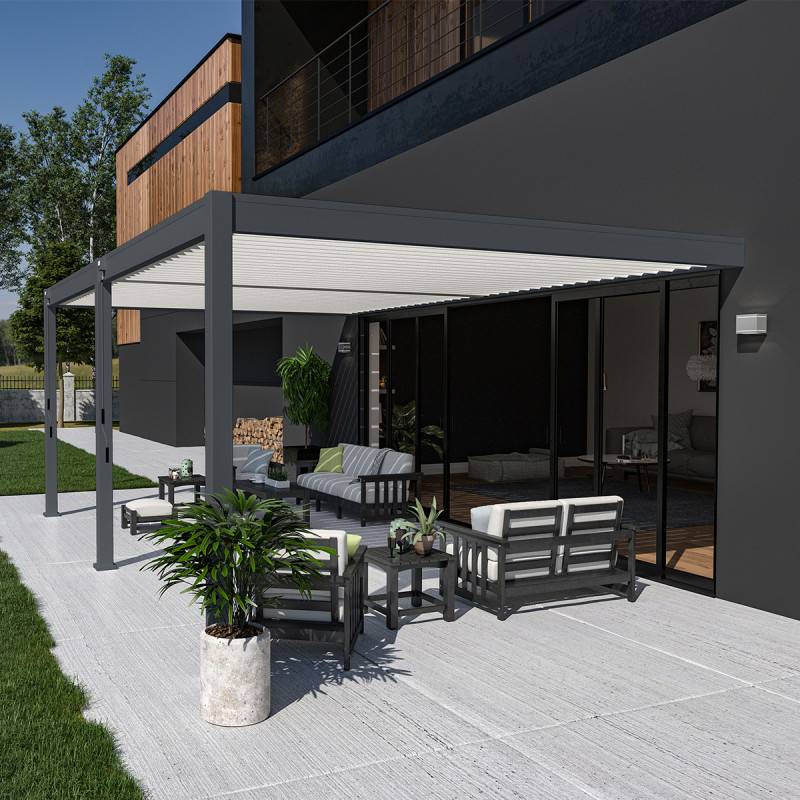 Ombrea - Pergola bioclimatique Ombréa adossée VS - 4x6M bicolore + 2 stores anthracites - Image 1