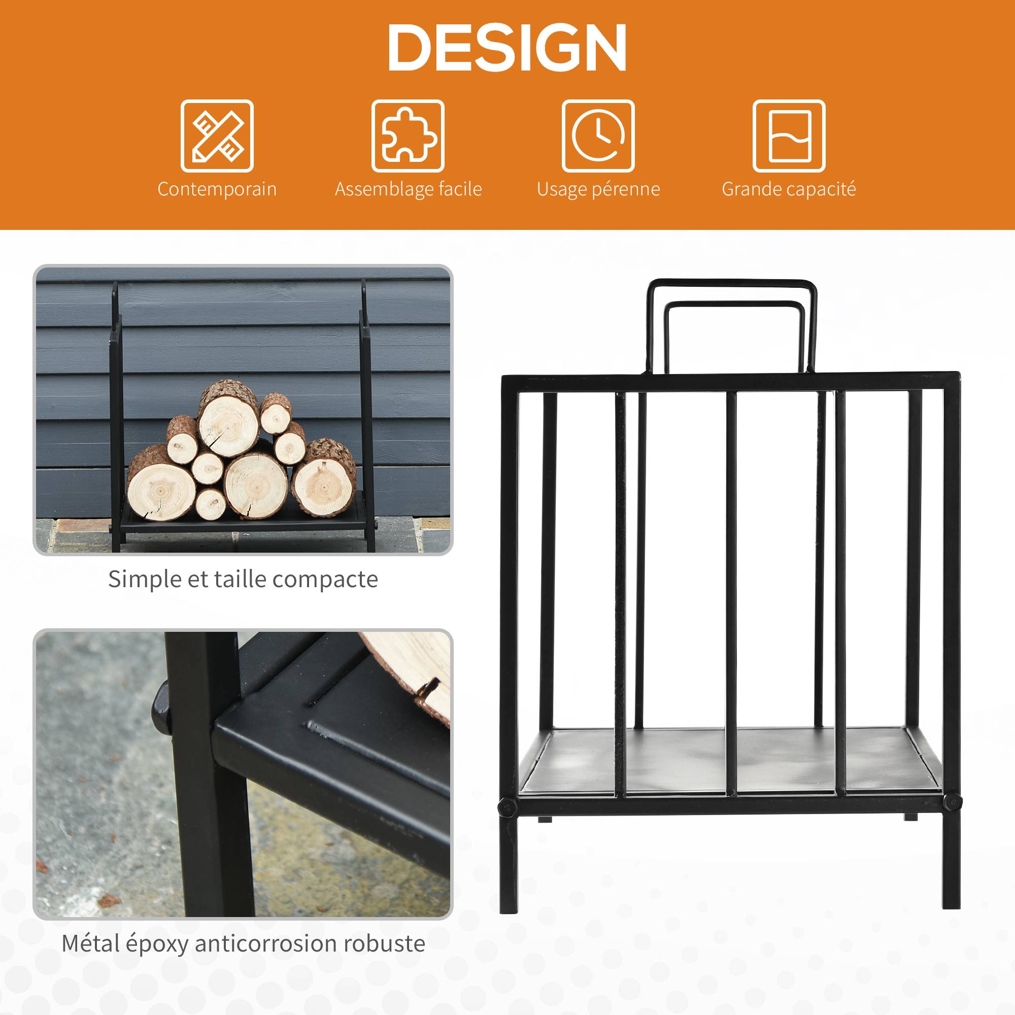 Range bûches Porte-bûches Etagère porte bois de cheminée charge max. 15 Kg dim. 44L x 33l x 46H cm métal époxy noir - Image 5