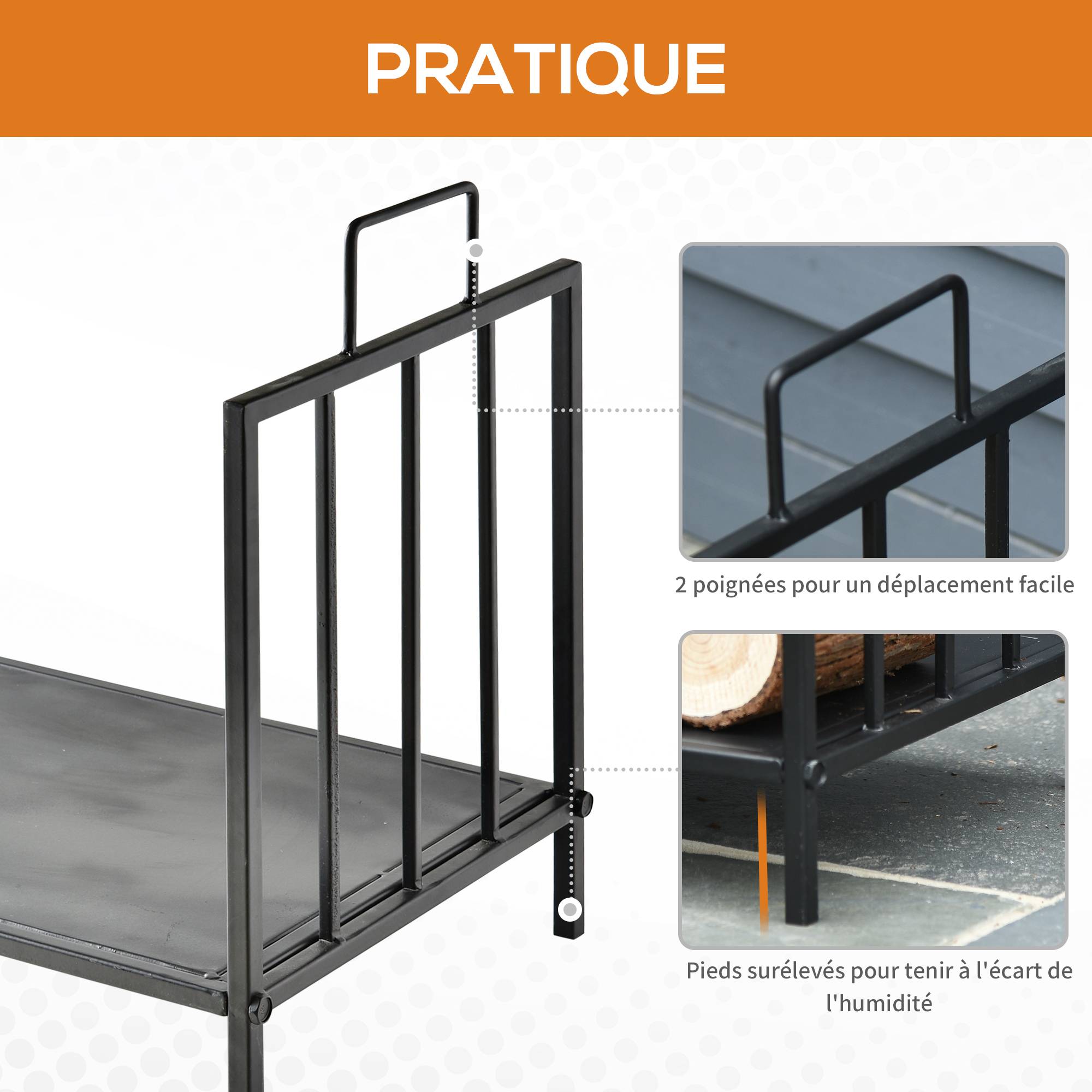 Range bûches Porte-bûches Etagère porte bois de cheminée charge max. 15 Kg dim. 44L x 33l x 46H cm métal époxy noir - Image 6