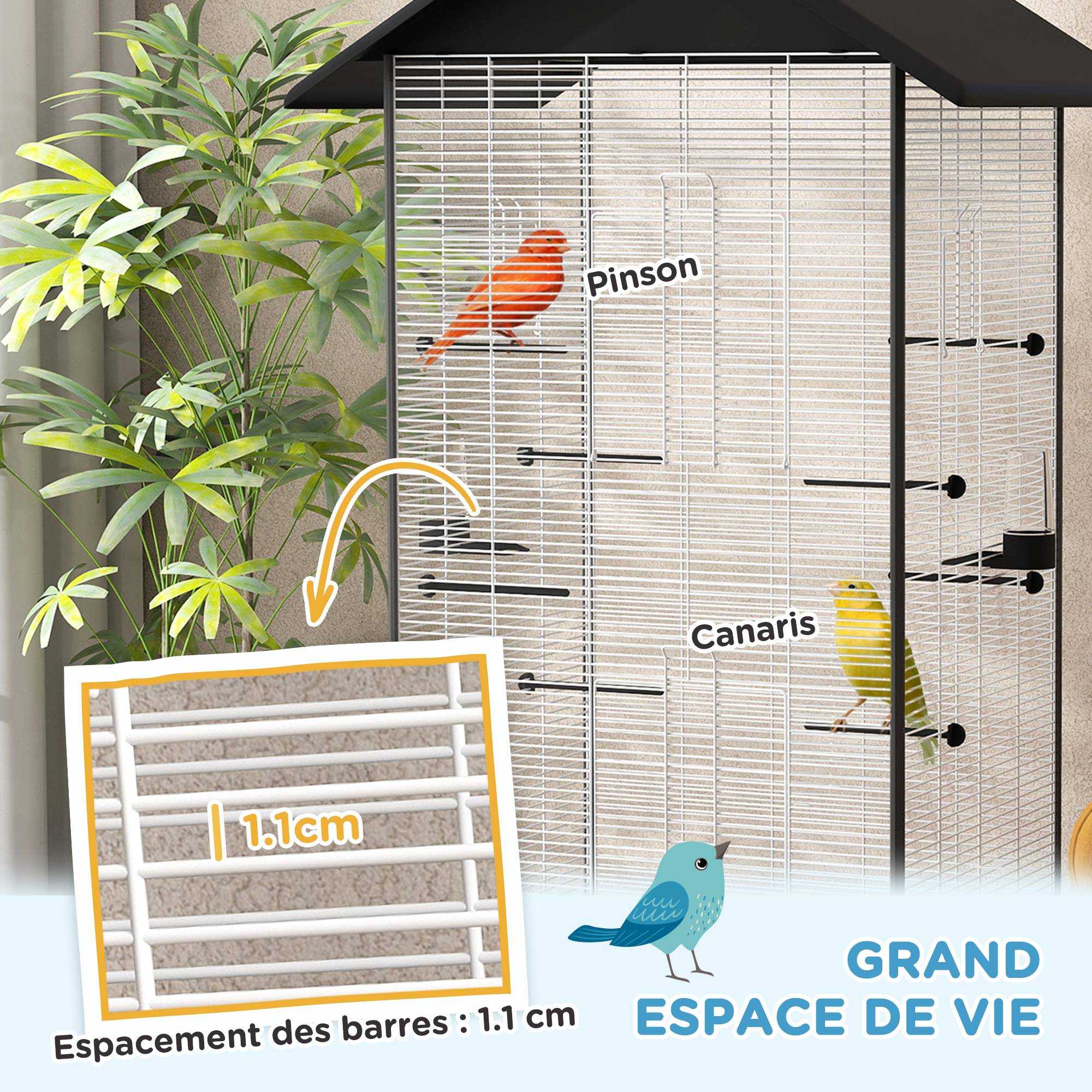 Cage oiseau sur pied volière oiseaux intérieure sur roulettes 2 mangeoires 8 perchoirs 79 x 65 x 155 cm fil d'acier noir - Image 6