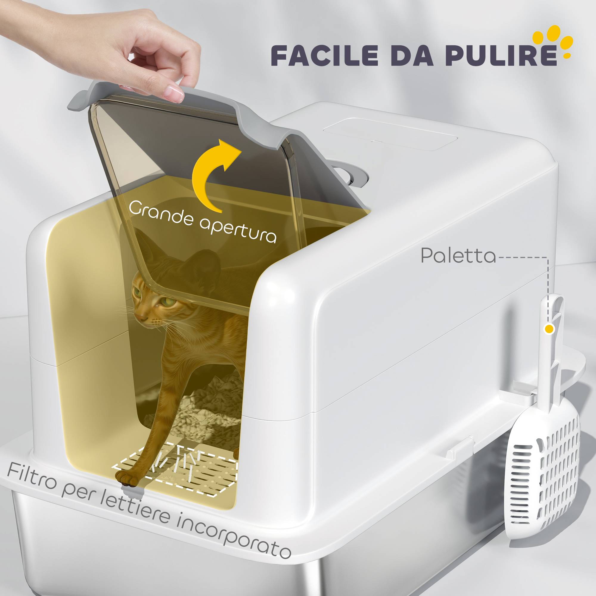 Bac à litière fermé pour chat avec plateau en acier, pelle et sacs filtrants, en PP, 40,5 x 60,5 x 41,5 cm - Image 7