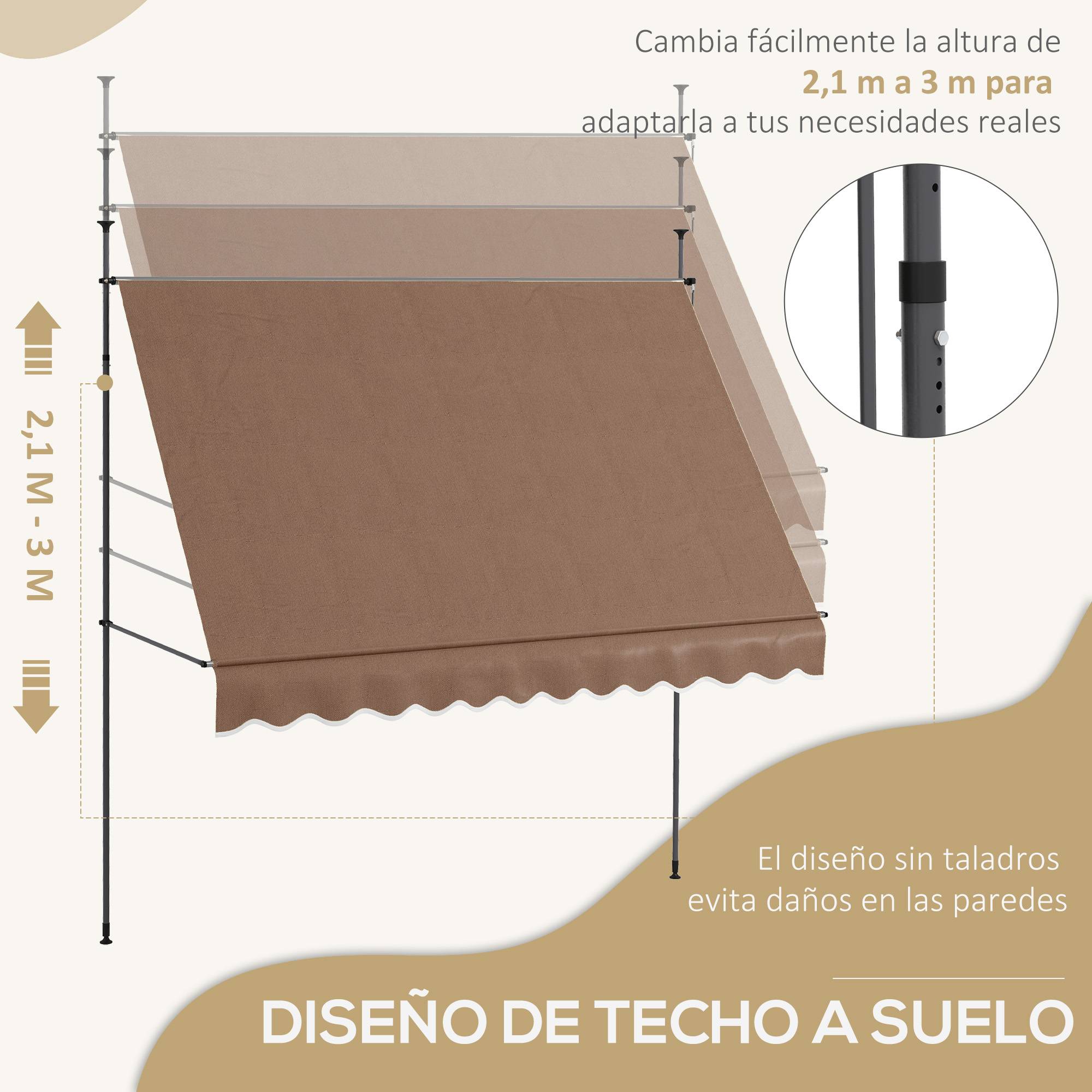 Store banne rétractable manuel à manivelle 300 x 120 x 210-300 cm, hauteur réglable, imperméable et anti-UV, couleur café - Image 6