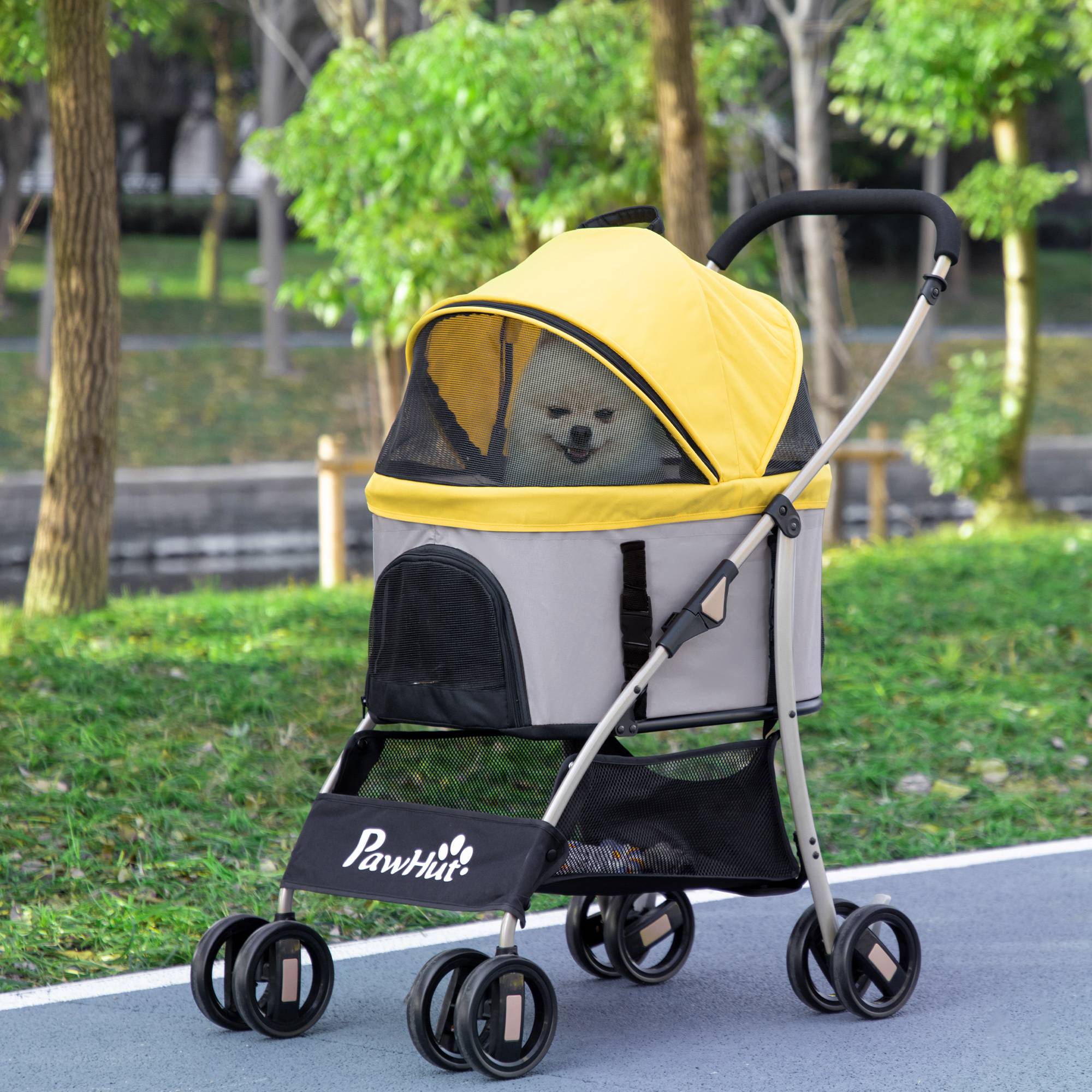 Poussette chien chariot 2-en-1 pliable 1 panier 1 sac 82 x 49,5 x 98 cm jaune - Image 4