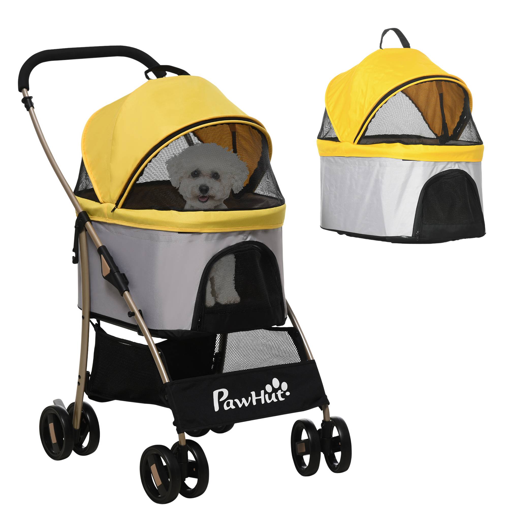 Poussette chien chariot 2-en-1 pliable 1 panier 1 sac 82 x 49,5 x 98 cm jaune - Image 1