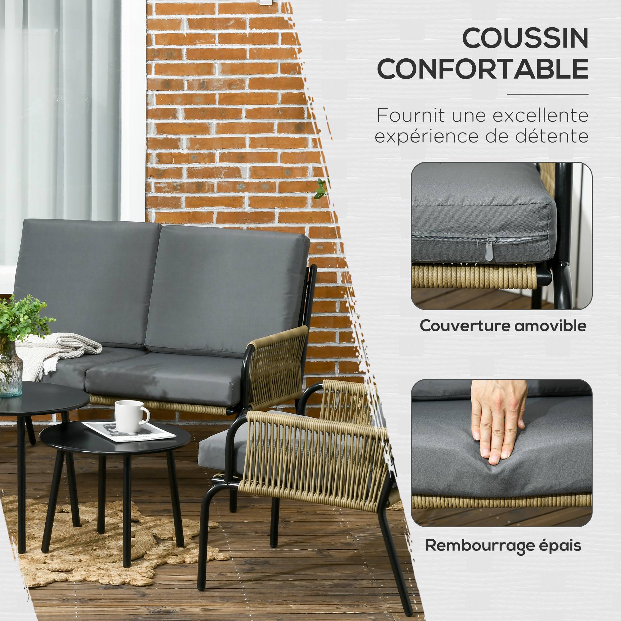 Outsunny - Salon de jardin en résine tressée modulable 4 pers. 5 pièces avec 1 canapé 2 fauteuils et 2 tables basses rondes acier sable - Outsunny - Image 4