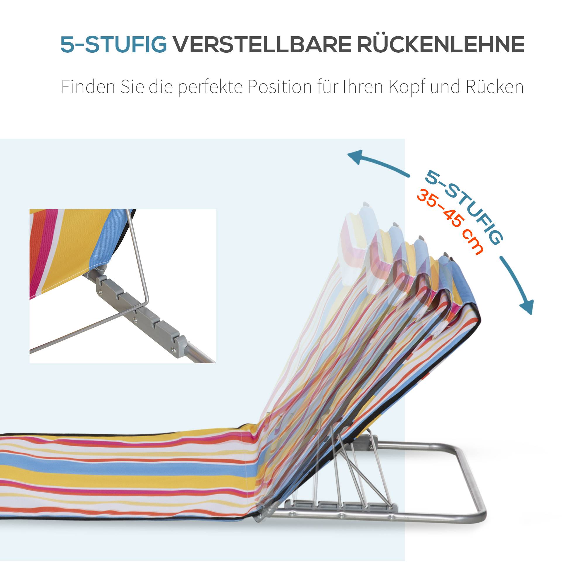 Lot de 2 tapis de plage, réglables et pliables, 124 cm (L) x 53 cm (l) x 37-50 cm (H), multicolores - Image 6