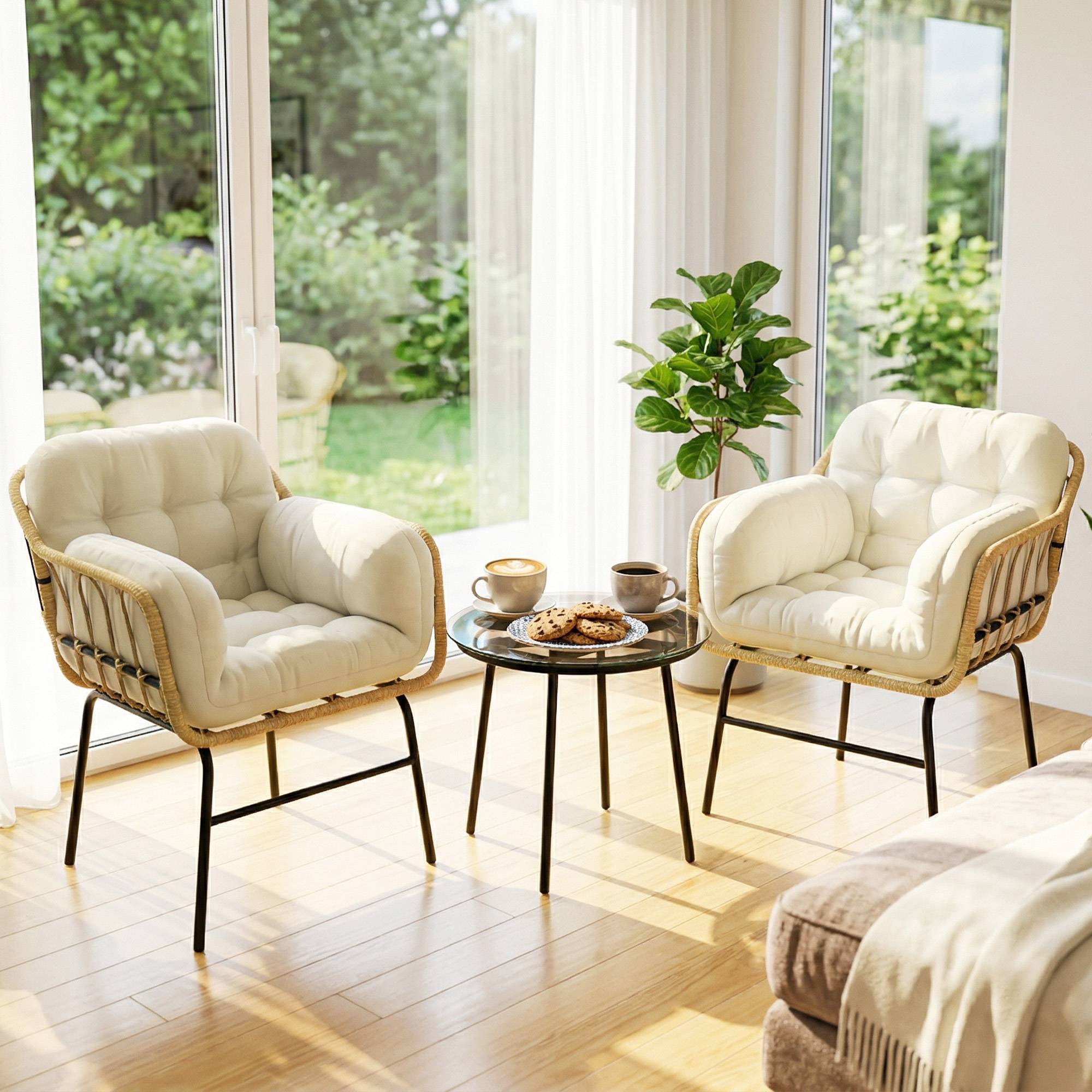 Salon de Jardin Extérieur 3 Pièces en Résine Tressée, Table en Verre Trempé, 2 Fauteuils avec Coussins, 62x73x79cm, Crème - Image 10