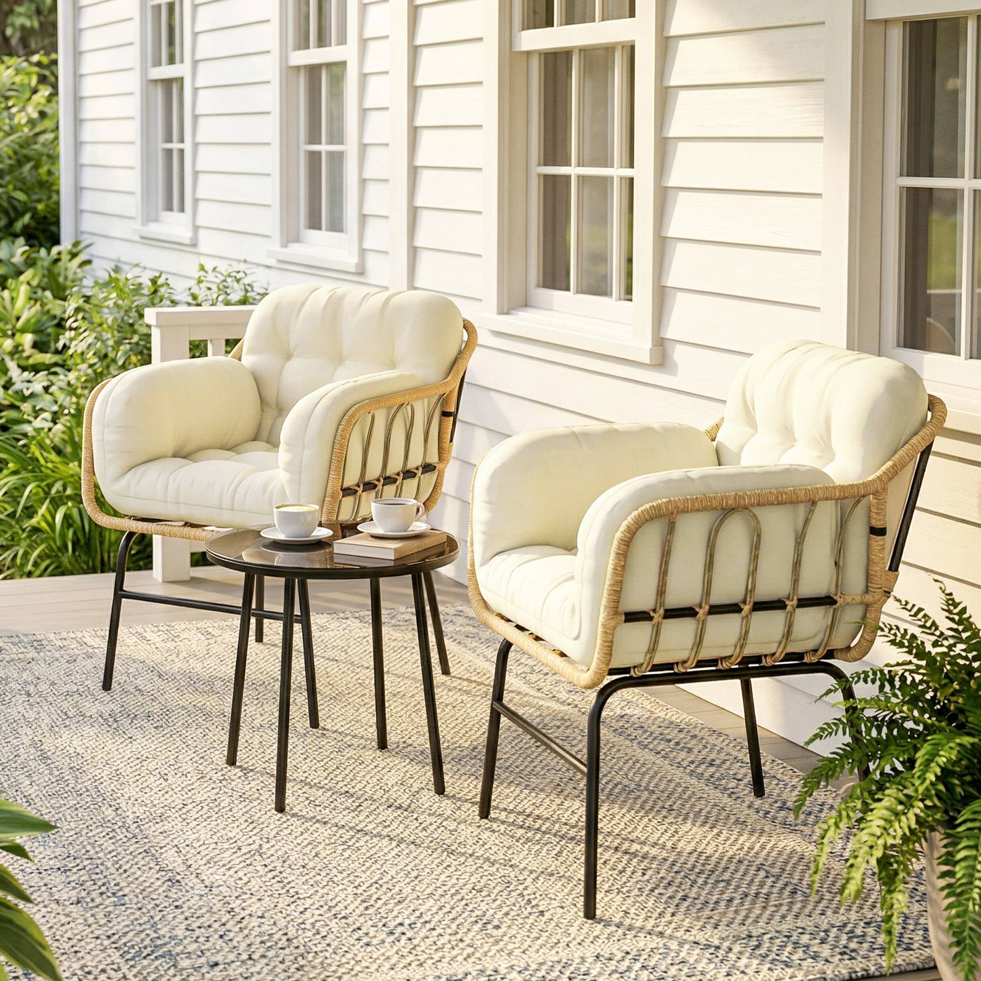 Salon de Jardin Extérieur 3 Pièces en Résine Tressée, Table en Verre Trempé, 2 Fauteuils avec Coussins, 62x73x79cm, Crème - Image 4