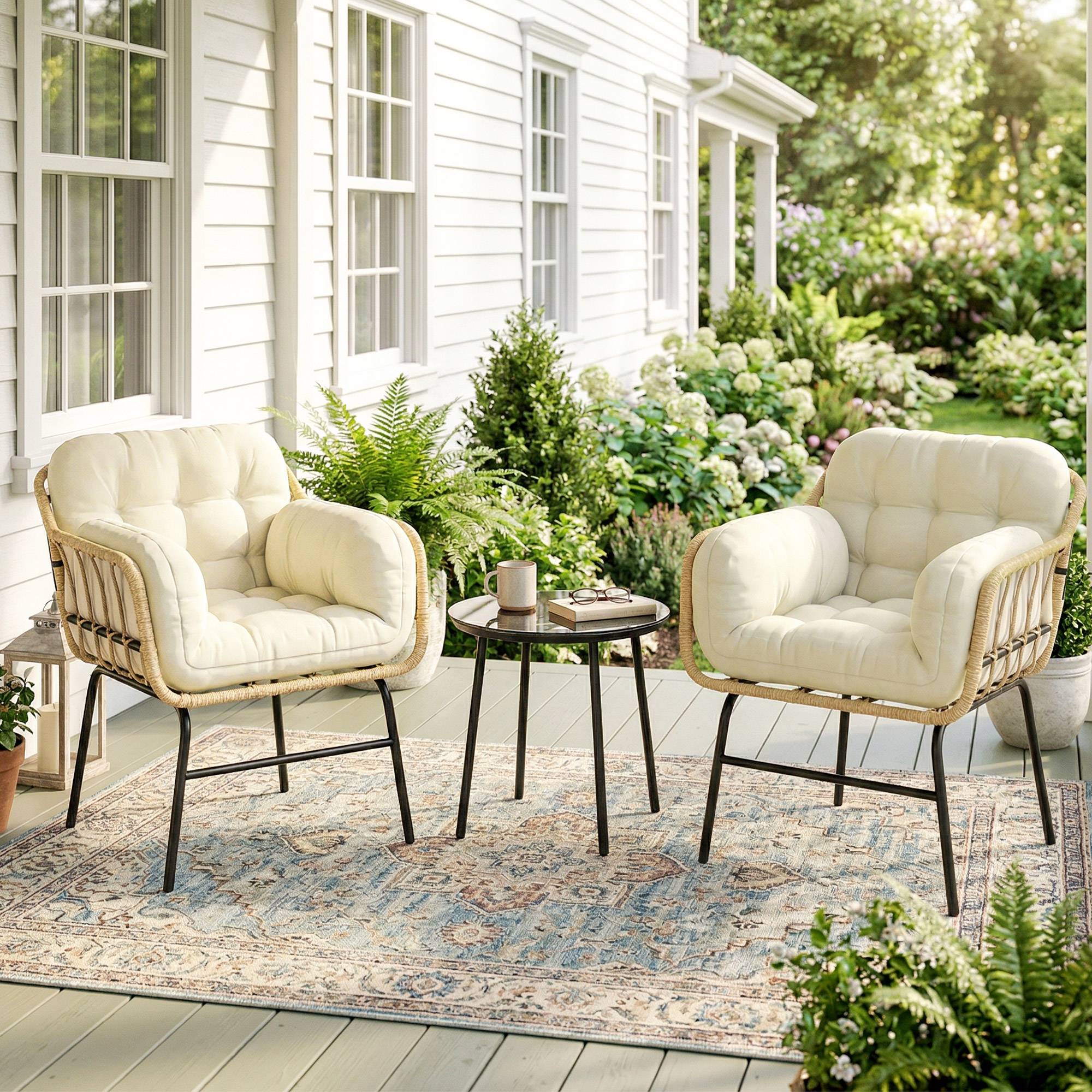 Salon de Jardin Extérieur 3 Pièces en Résine Tressée, Table en Verre Trempé, 2 Fauteuils avec Coussins, 62x73x79cm, Crème - Image 3