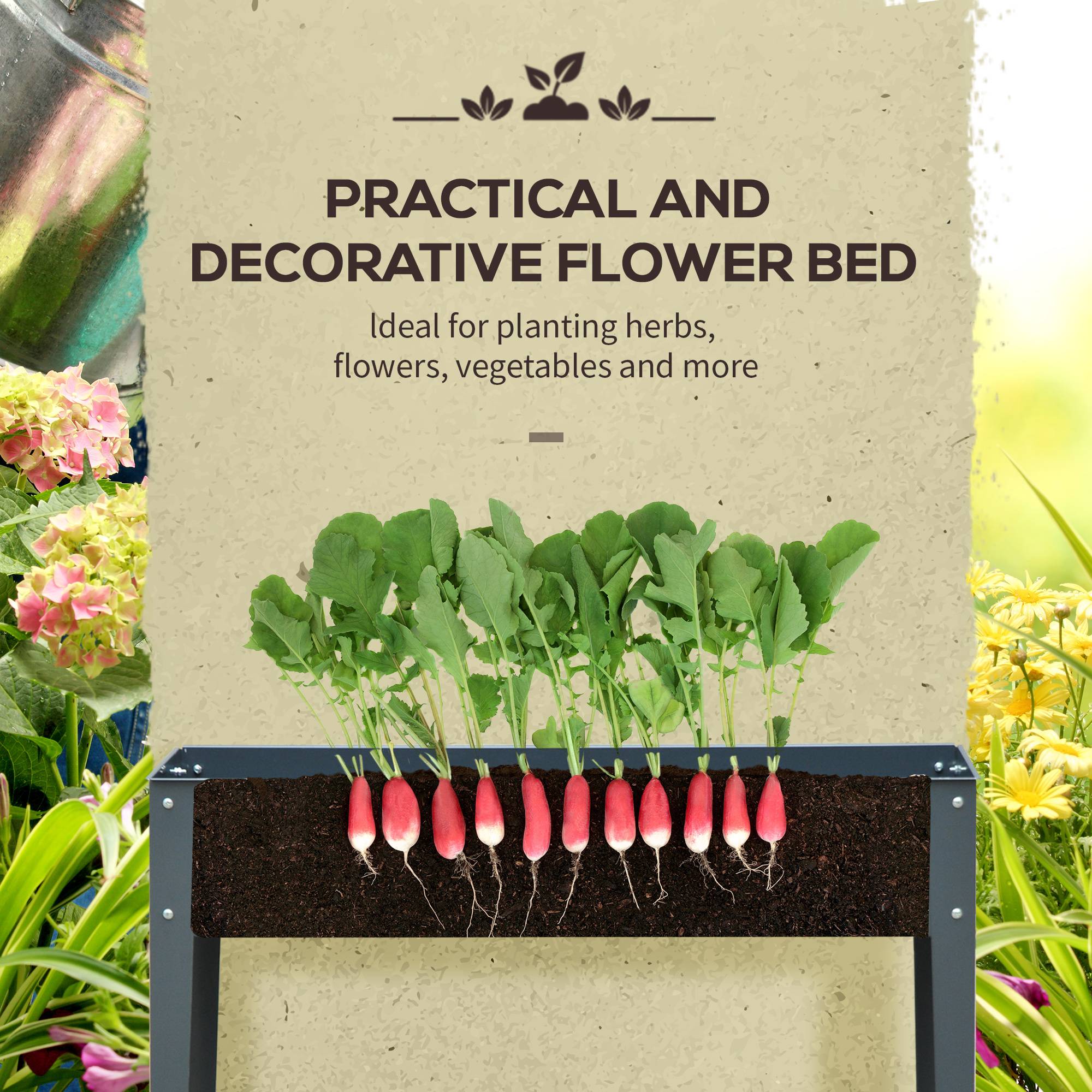 Jardinière surélevée, bac à plantes, 3 drainage, pieds, métal, 100x30x80 cm - Image 9