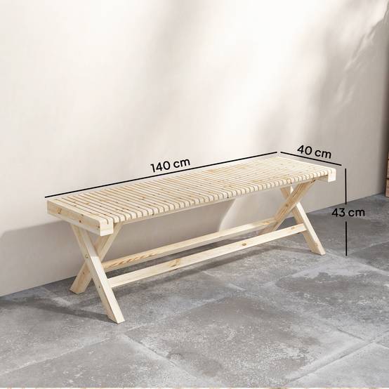 Banc bois massif assise à lattes pour jardin extérieur 140 x 40 x 43 cm - Image 5