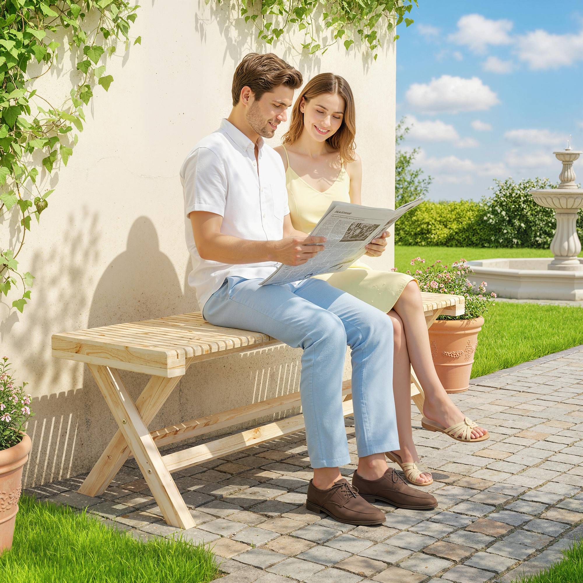 Banc bois massif assise à lattes pour jardin extérieur 140 x 40 x 43 cm - Image 10