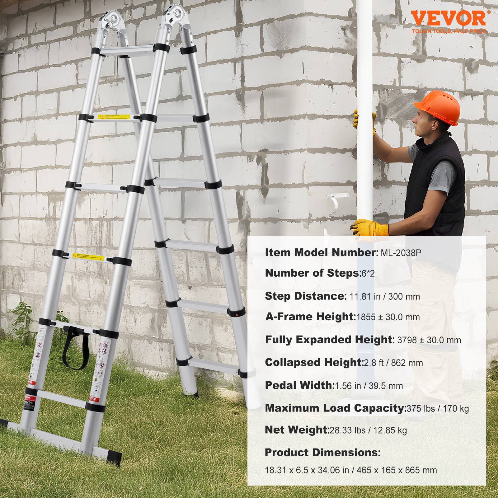 Vevor - Échelle aluminium télescopique 3.8m. Capacité 170 kg, barre stabilisatrice, pliable. Pour maison, camping-car. - Image 7
