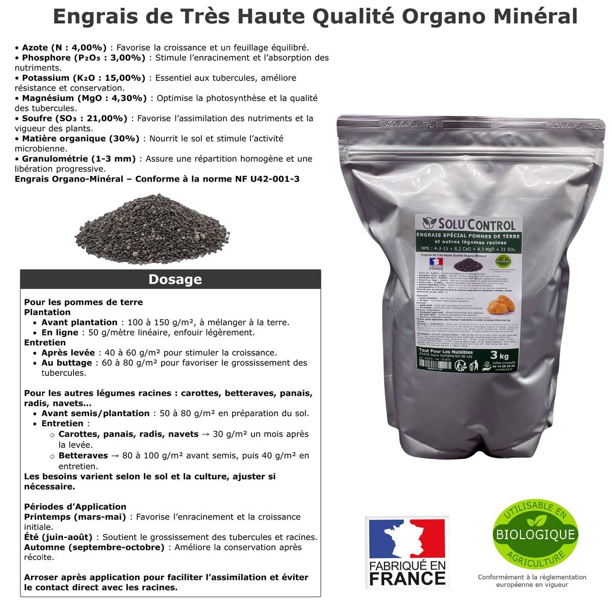 SOLU’CONTROL - 3 kg d'engrais spécial pommes de terre et légumes racines 4-3-15 - enrichi en potasse - croissance, grossissement - UAB - Image 3