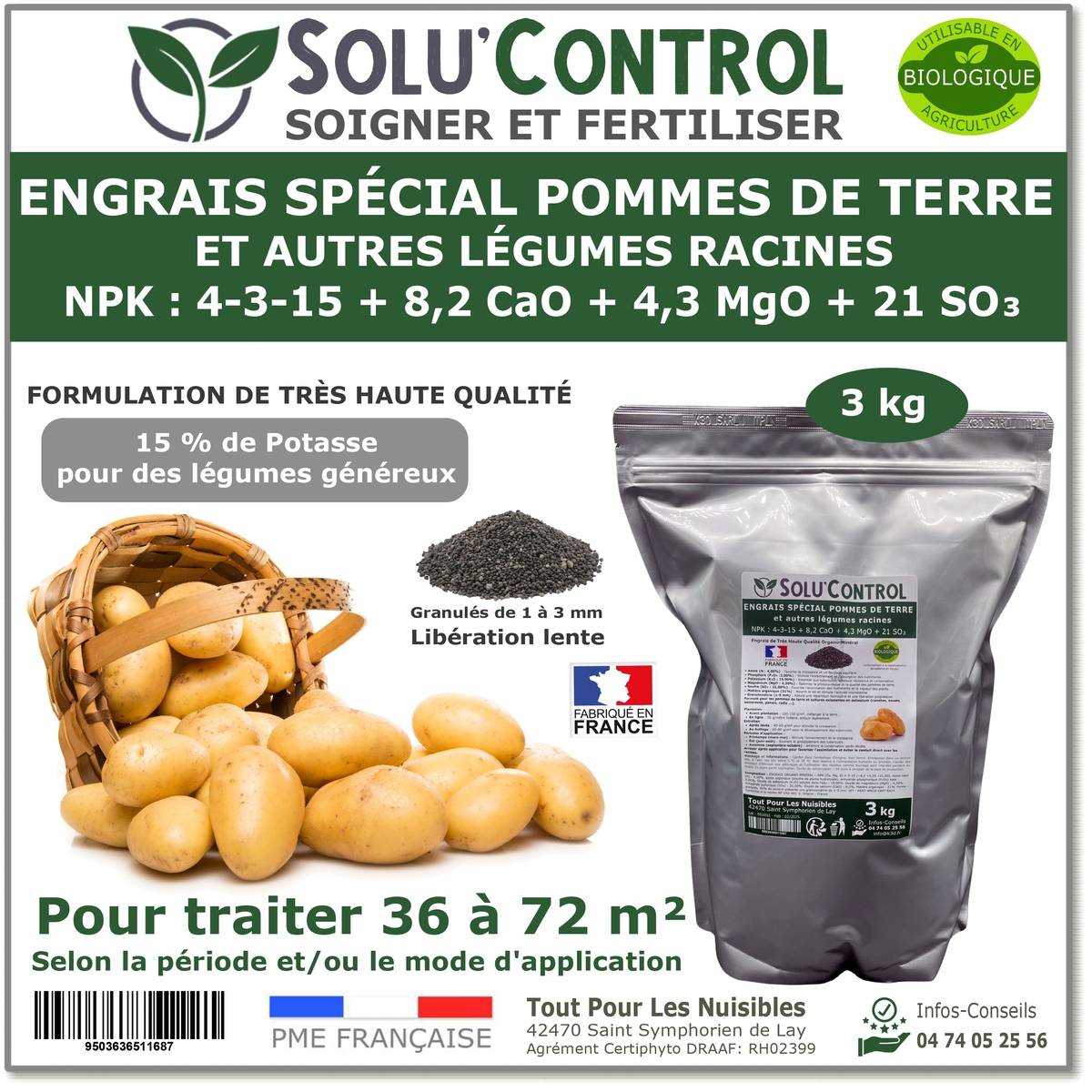SOLU’CONTROL - 3 kg d'engrais spécial pommes de terre et légumes racines 4-3-15 - enrichi en potasse - croissance, grossissement - UAB - Image 1