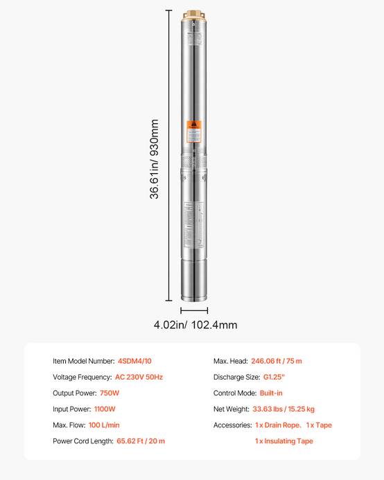 VEVOR Pompe immergée à eau pour puits profond acier inox 750 W 100 L/min 75 m - Image 7